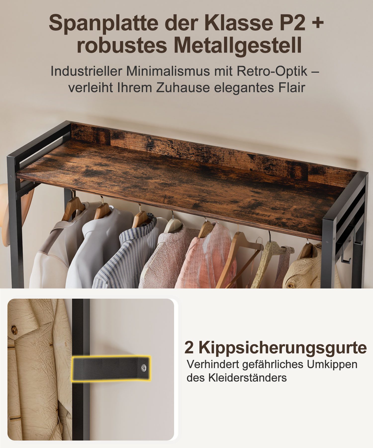 Yorbay Kleiderständer Garderobenständer mit 2 Schubladen & Aufbewahrungsbox,84x30x181 cm, 180kg Traglast,Retro Design für Schlafzimmer, Flur – Bild 5 von 5