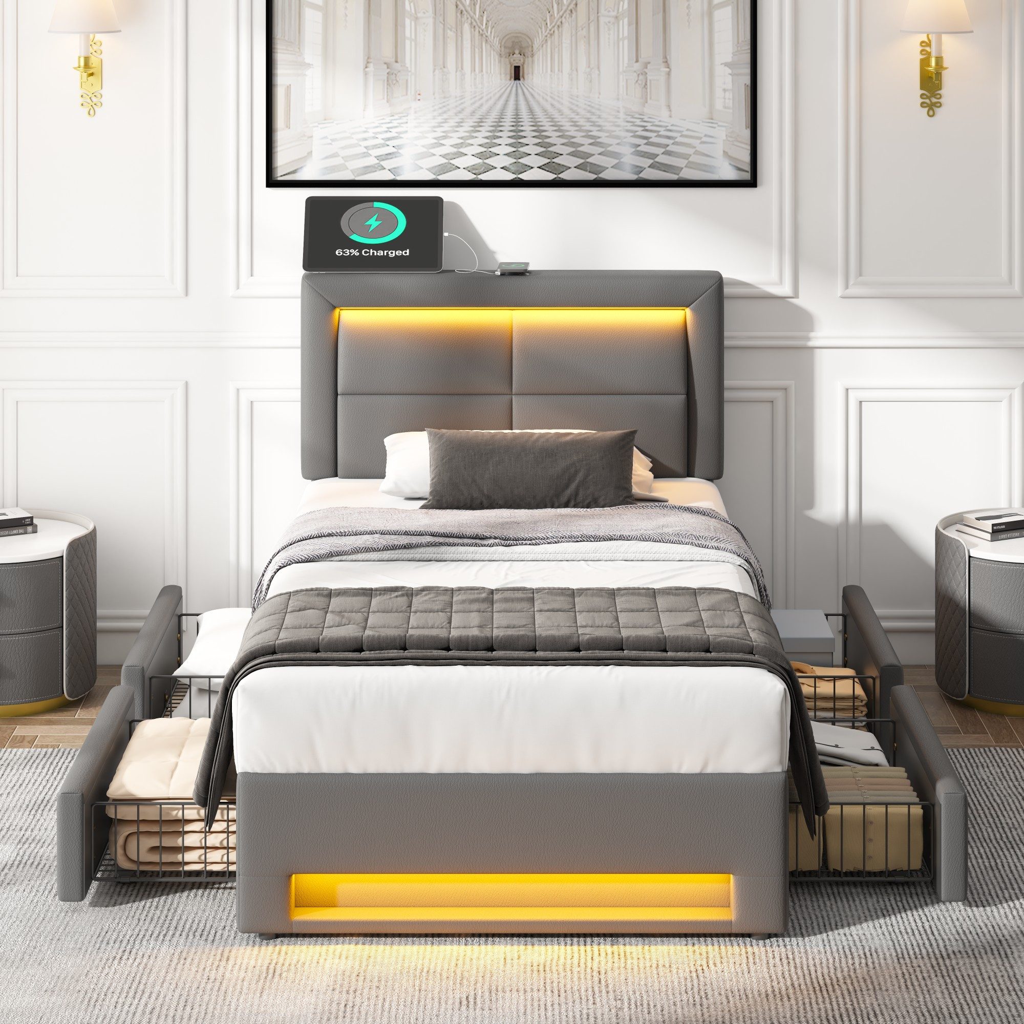 Flieks Polsterbett, LED Einzelbett 90x200cm mit USB-Anschluss und 4 Schubladen
