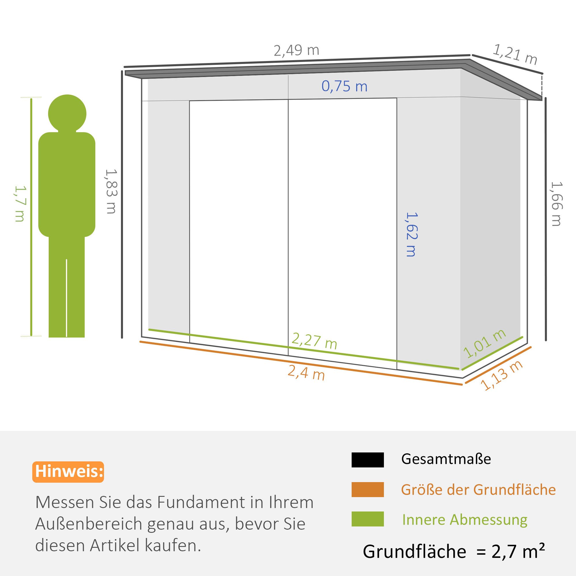 Outsunny Gerätehaus Geräteschuppen mit Pultdach, abschließbarer Doppeltür Schuppen, BxT: 249x121 cm, (Geräteschuppen, 1 St., wetterfest Gartenhaus), für Hinterhof, Garten, Hellgrau