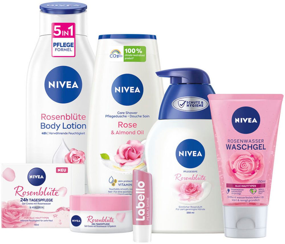 Nivea Pflege-Geschenkset SMELL OF ROSES, 6-tlg., mit Rosenwasser Waschgel