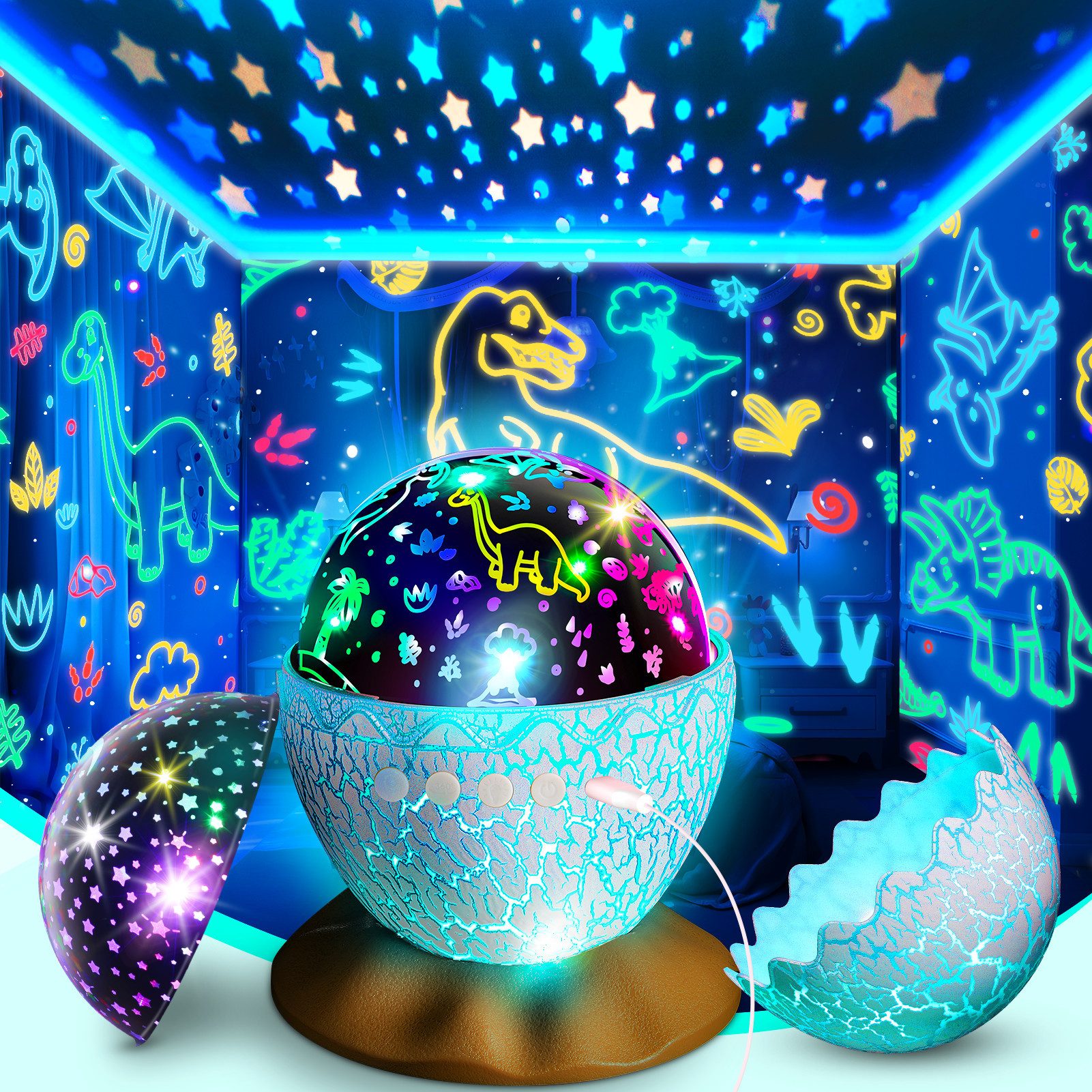 Wootoy LED Nachtlicht Sternenprojektor LED Sternenhimmel 2-in-1 Dinosaurier-Ei Projektor, USB-aufladbar integriertem 1-Stunden-Timer und 360°-Rotation, LED fest integriert, 6 Lichtmodi, 2-in-1 Design mit Sternenhimmel- und Dinosaurier-Projektion
