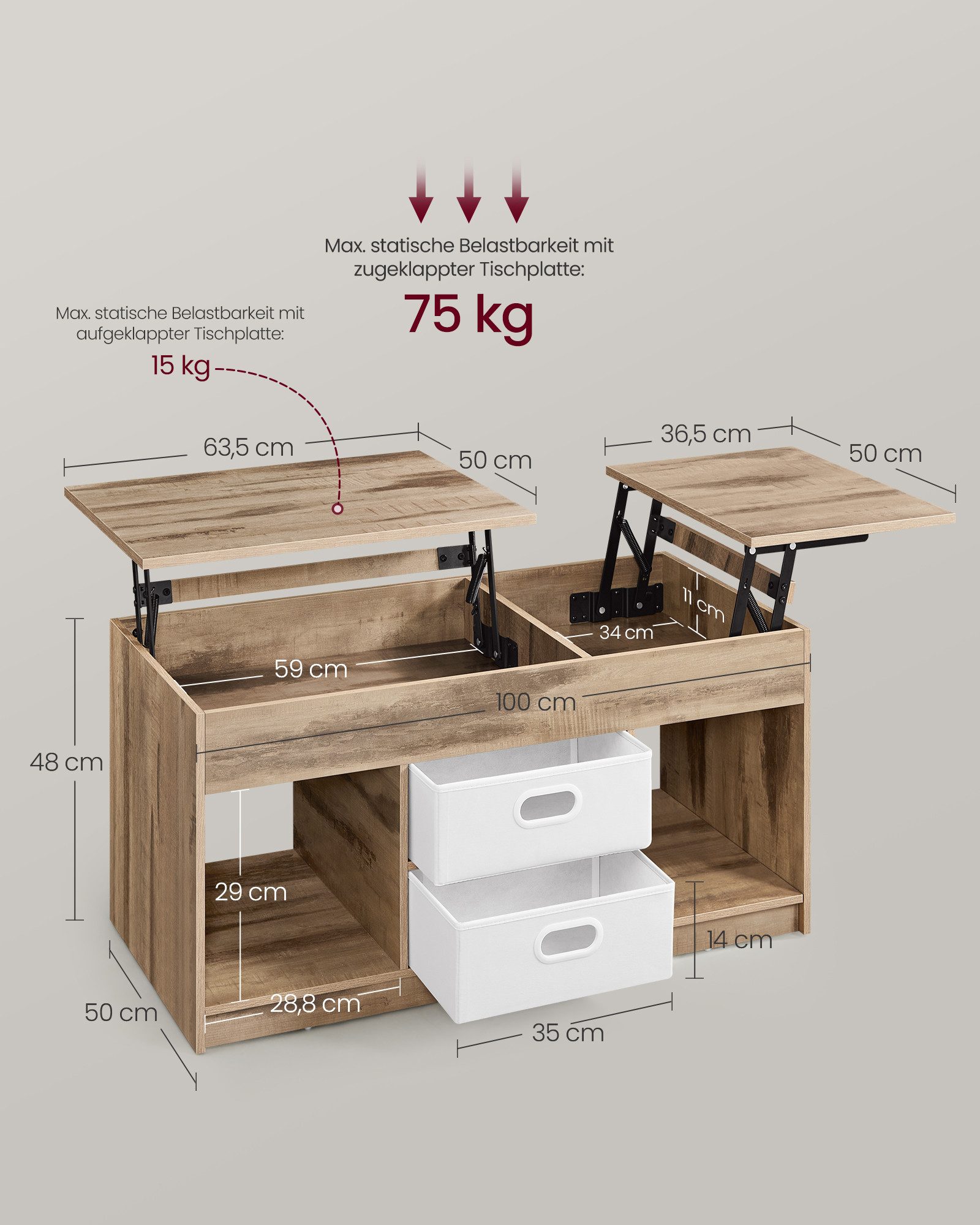 VASAGLE Couchtisch höhenverstellbarer Wohnzimmertisch, für Wohnzimmer, Homeoffice (inkl. Zubehörpaket & Anleitung), 2 Schubladen und versteckte Fächer, Kaffeeti – Bild 3 von 5