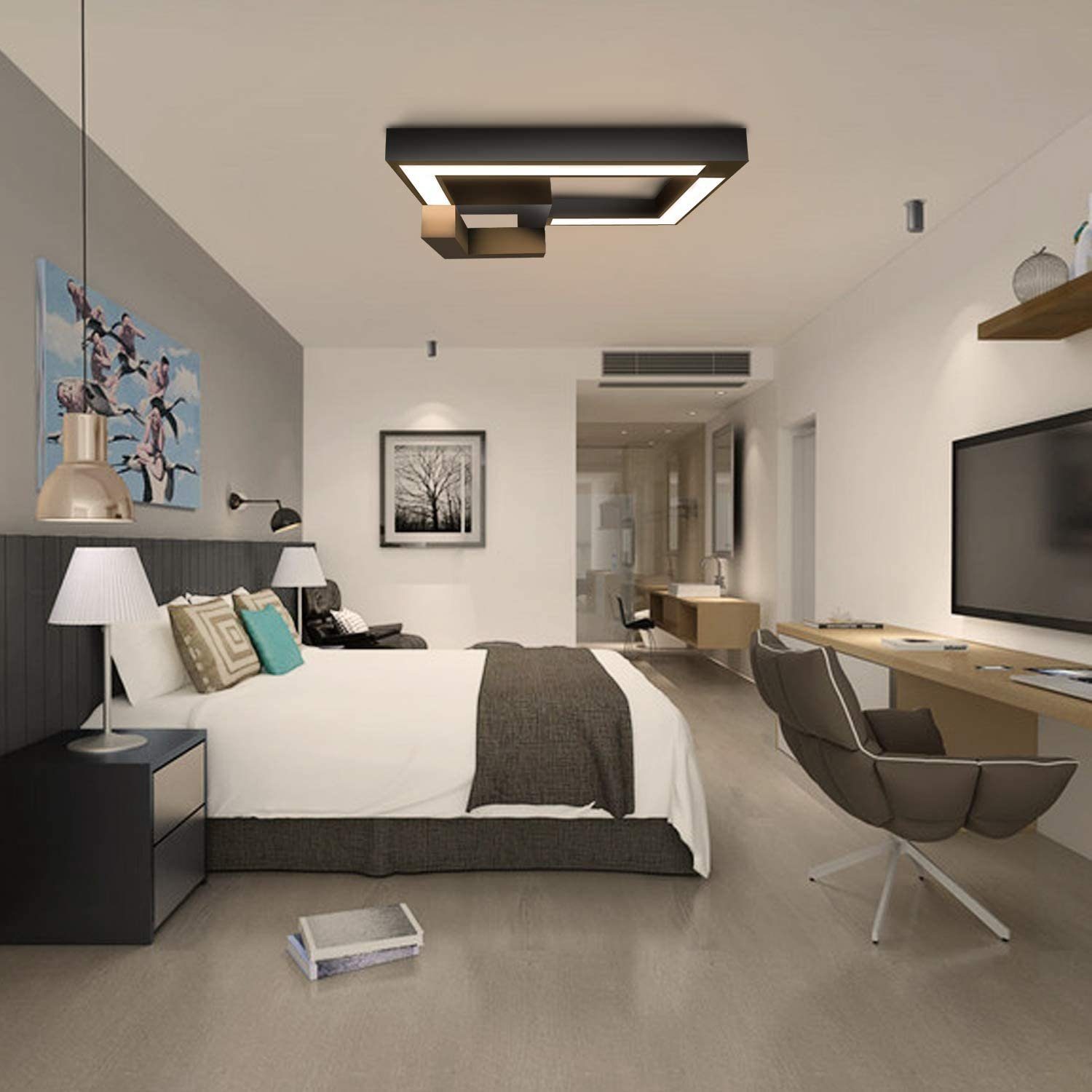 ZMH Deckenleuchte LED Deckenlampe Eckig Wohnzimmer integriert, Tageslichtweiß stufenlos für Badezimmer, fest Schwarz LED