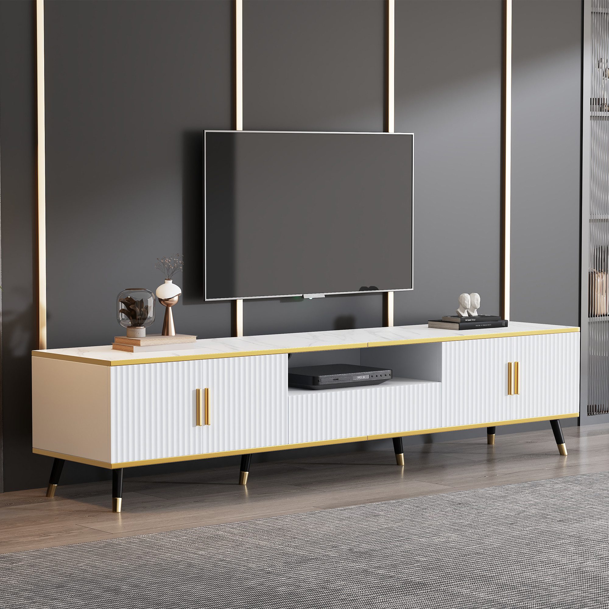 Fine Life Pro TV-Schrank Lowboard / TV‑Schrank / TV‑Lowboard mit zwei Türen, eine Schublade 200×40×46 cm, für Fernseher bis 90 Zoll