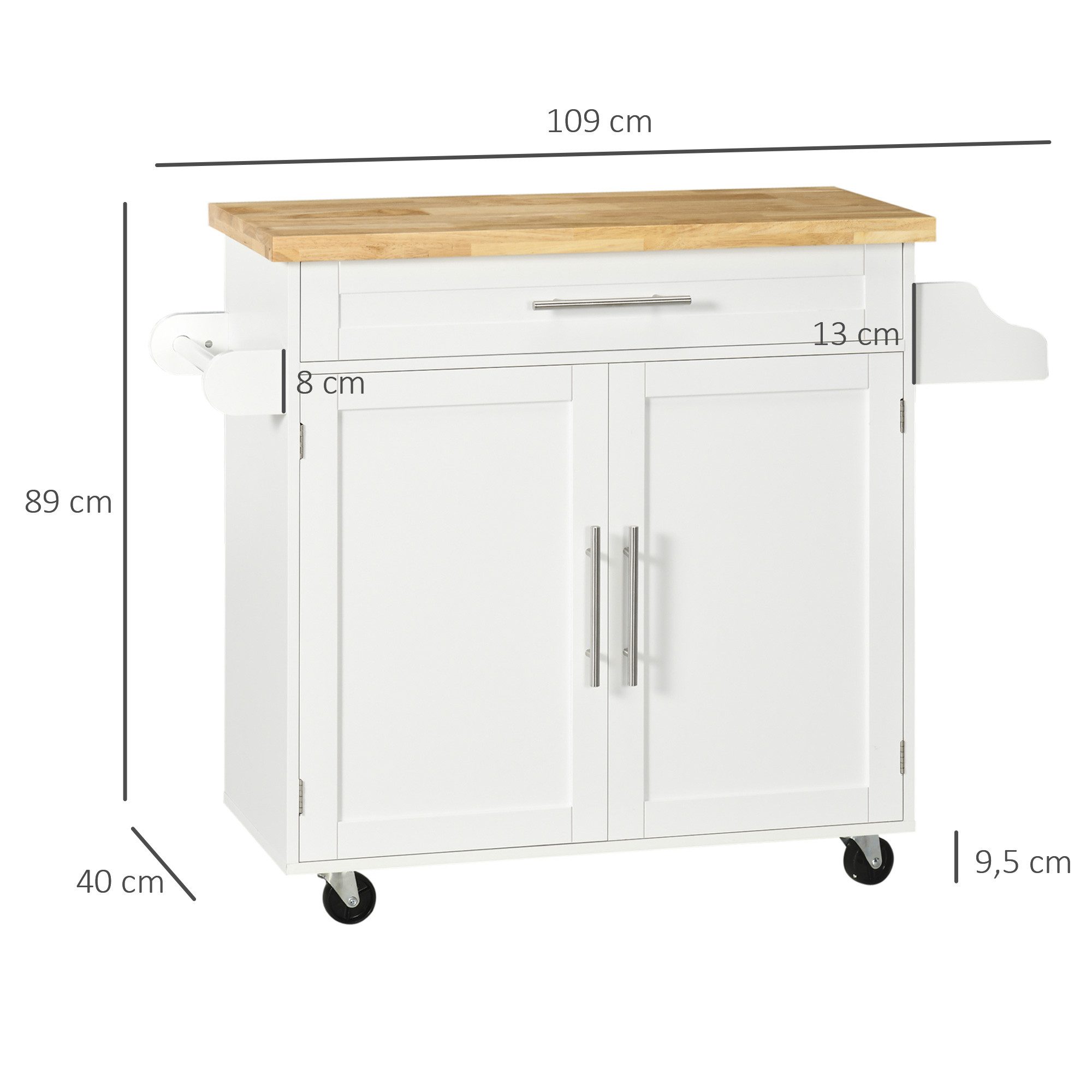 HOMCOM Servierwagen Kücheninsel Küchenwagen auf Rollen mit Arbeitsplatte, Schublade, (Rollwagen, 1 St., Küchentrolley), für Wohnzimmer Esszimmer Weiß 109 x 40 x – Bild 3 von 5