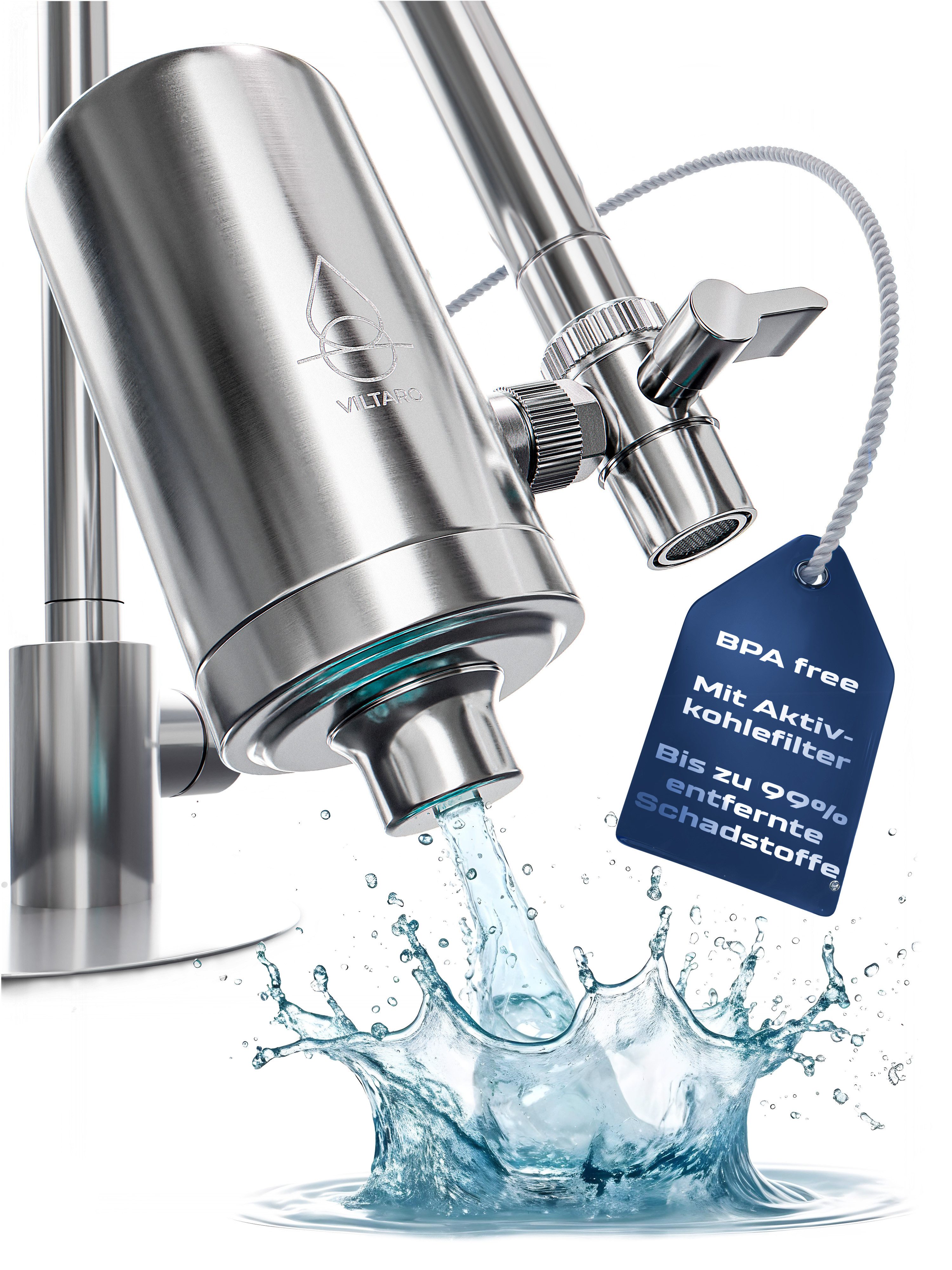VILTARO Wasserhahnfilter Wasserfilter Wasserhahn, BPA-frei, 2 Cent/l, 3000 l Kapazität, Edelstahl, Aktivkohlefilter