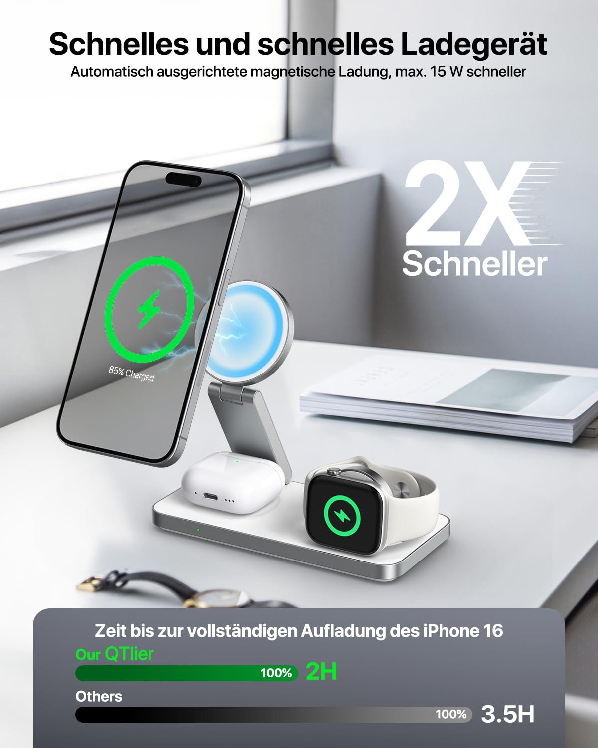 AIBISTAR 3 in 1 Ladestation für Apple Watch iPhone, MagSafe kompatibel, Faltbar Induktions-Ladegerät (3000 mA, Wireless Charger,für iPhone 12-16,Apple Watch Ser – Bild 2 von 5