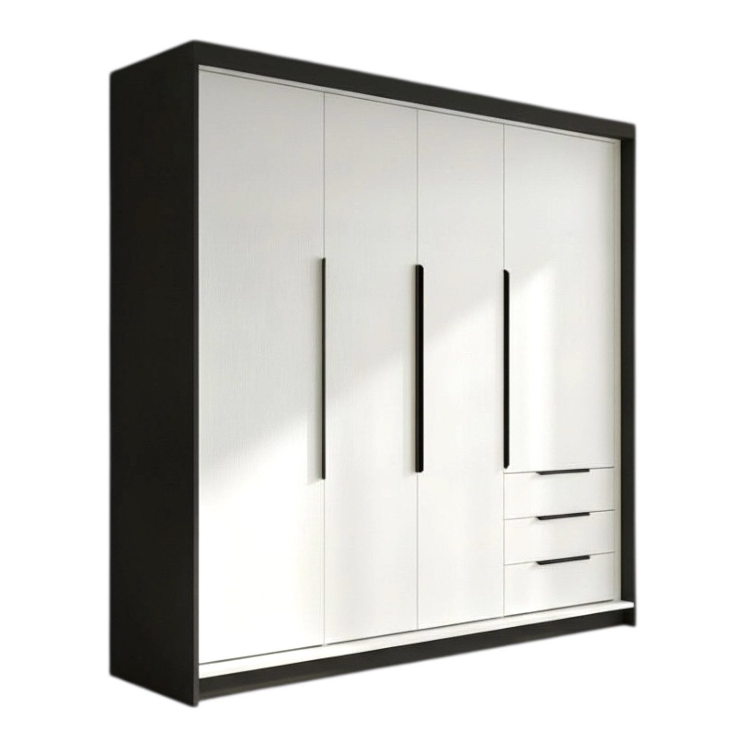 A&J MöbelLand GmbH Drehtürenschrank viertüriger Kleiderschrank mit Schubladen und Metallgriffen. (Geräumiger vier¬türiger Kleiderschrank mit Schubladen und Metallgriffen. Geräumiger Schrank mit einer Breite von 200 cm und Schubladen, ideal zur Aufbewahrun