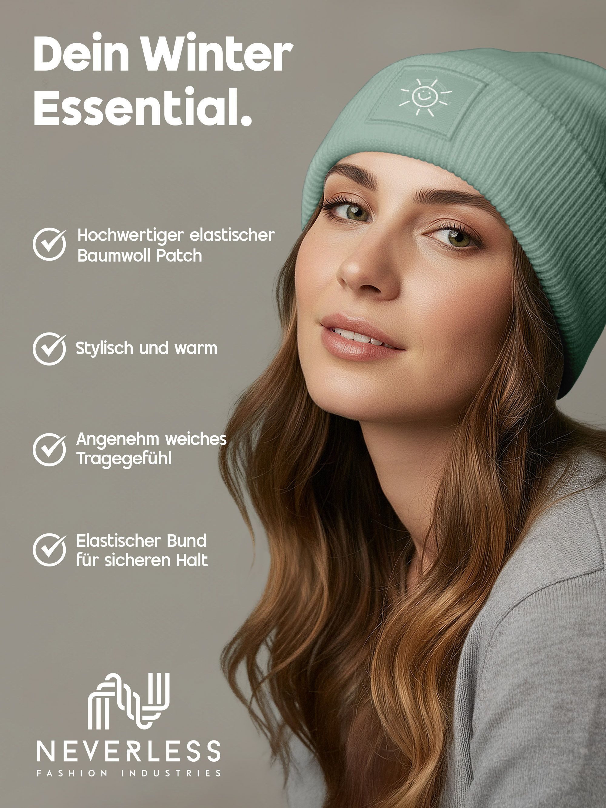 Neverless Strickmütze Beanie Patch Smile Sonne Aufdruck Positive Vibes Print Wintermütze – Bild 3 von 5