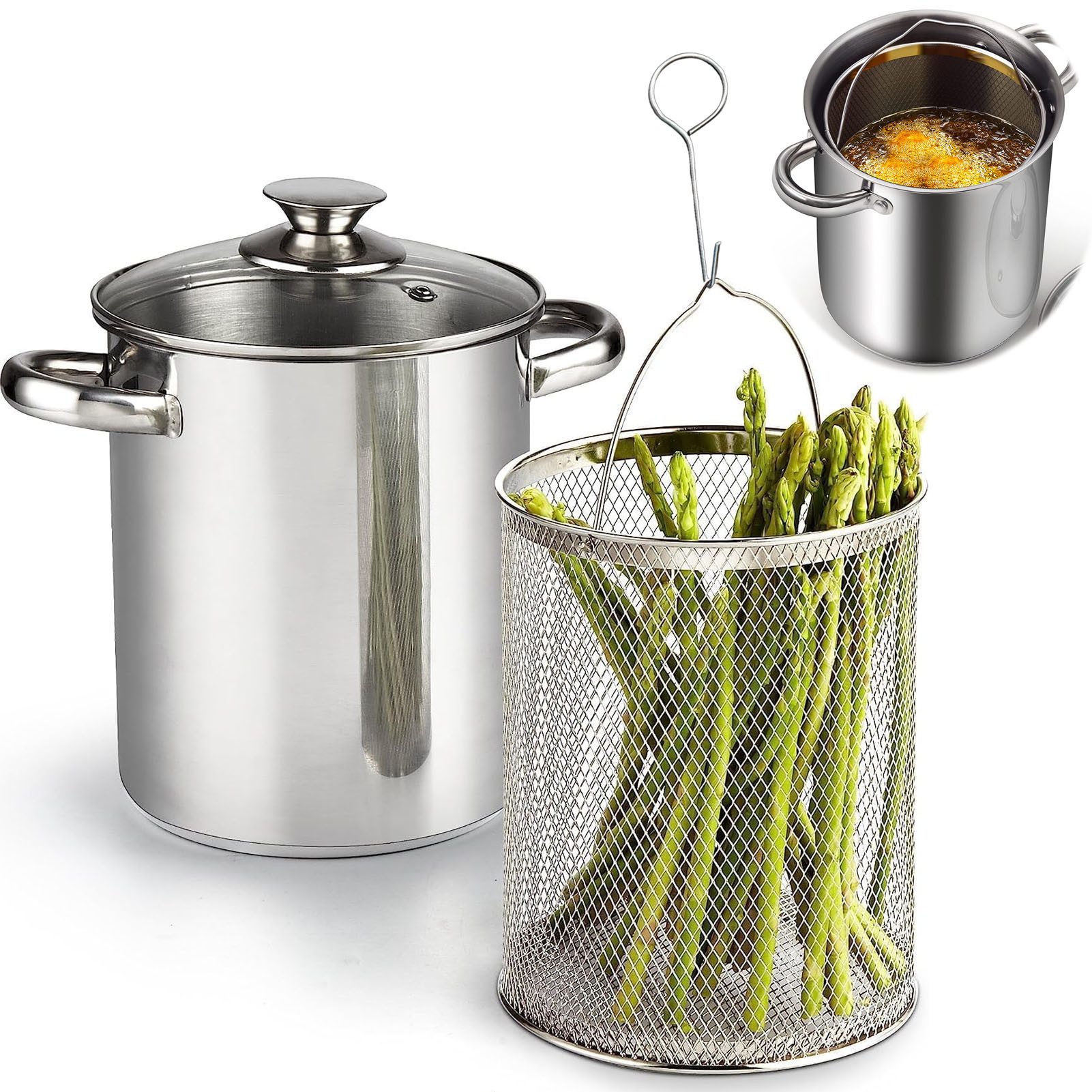 SURFOU Frittiertopf SUS304 Edelstahl, Frittier & Spargeltopf mit Siebeinsatz, (Vielseitiger Kochtopf (17cm, H21cm)aus 304 Edelstahl, mit Glasdeckel, – Zum Frittieren, Kochen von Spargel, Pasta, Gemüseи больше – Für alle Herdarten inkl. Induktion, 1-tlg., (Set, 4-tlg)