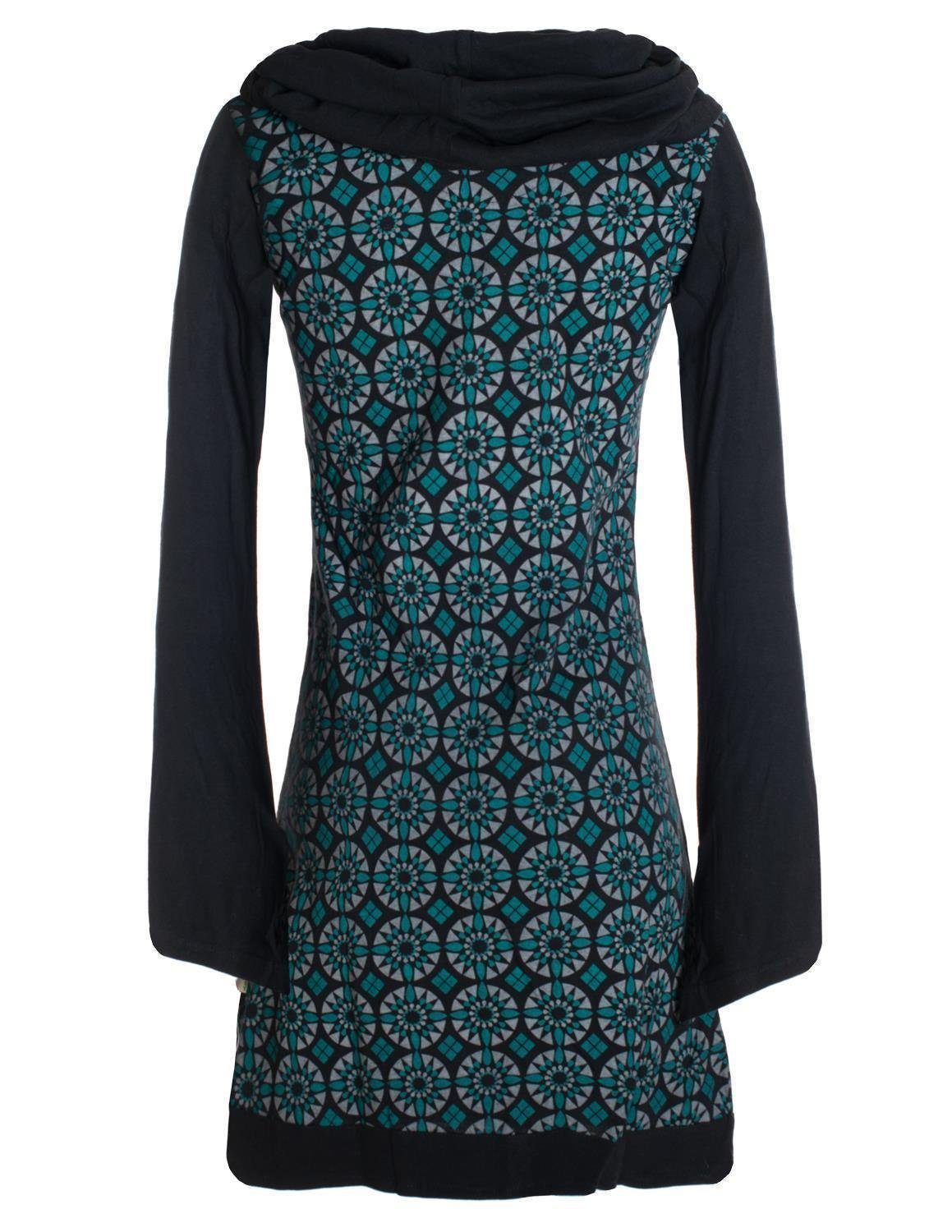 Vishes Jerseykleid Langarm Kleid Schalkragen Bedruckt 70er 80er Retro Hippiekleid