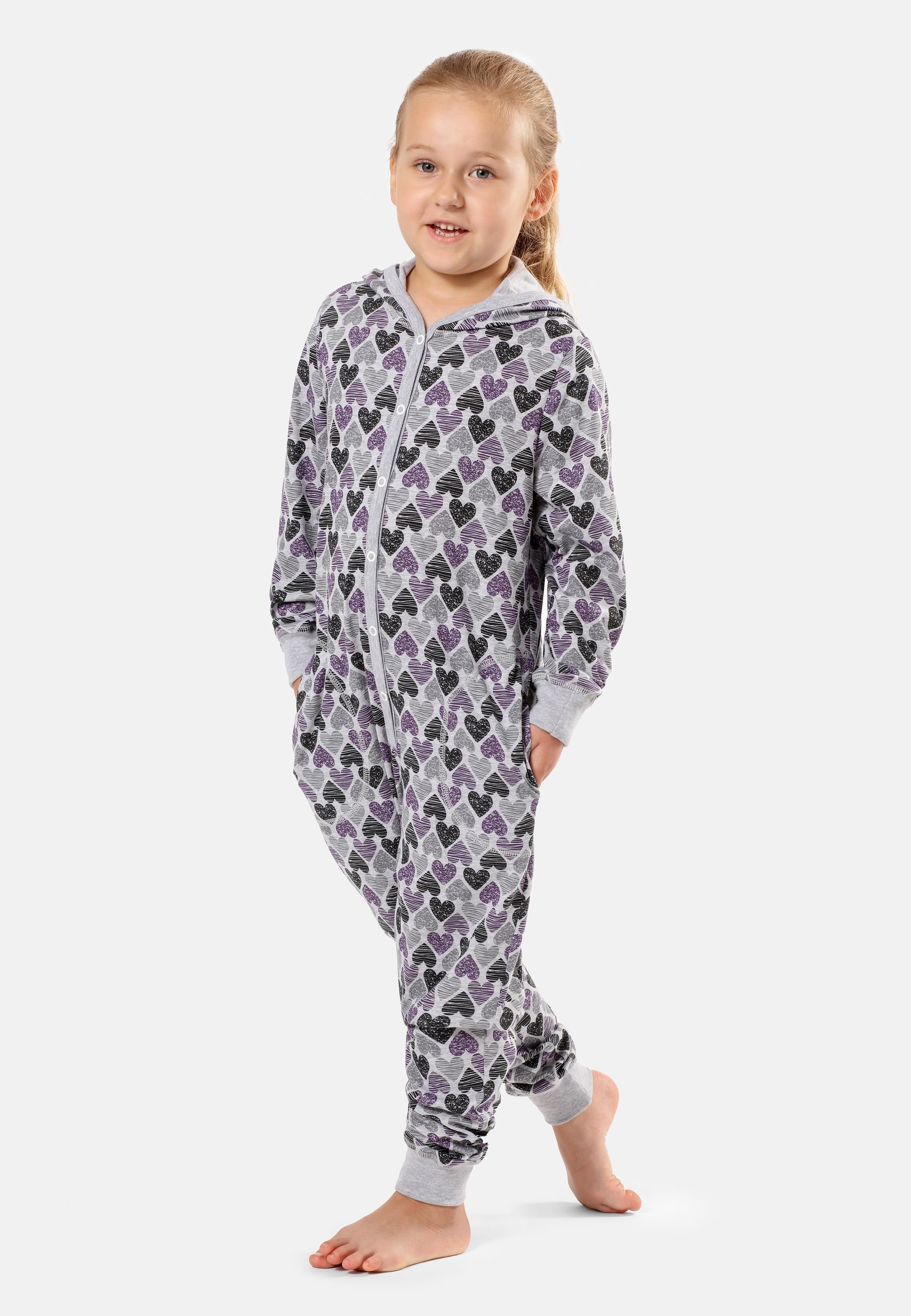 Schlafoverall Kapuze MS10-223 Schlafanzug Merry mit Violett Herzen Mädchen Style Melange