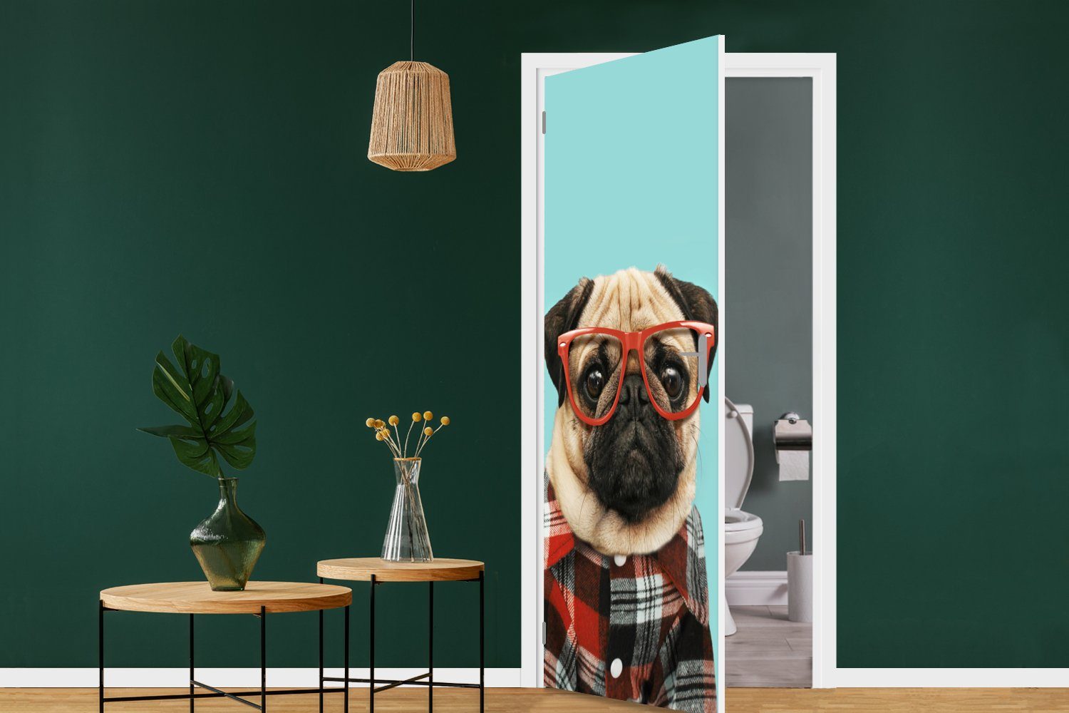 cm Hipster Fototapete Hund Türaufkleber, bedruckt, St), 75x205 Bluse, - Matt, MuchoWow für Tür, - - Brille (1 Türtapete
