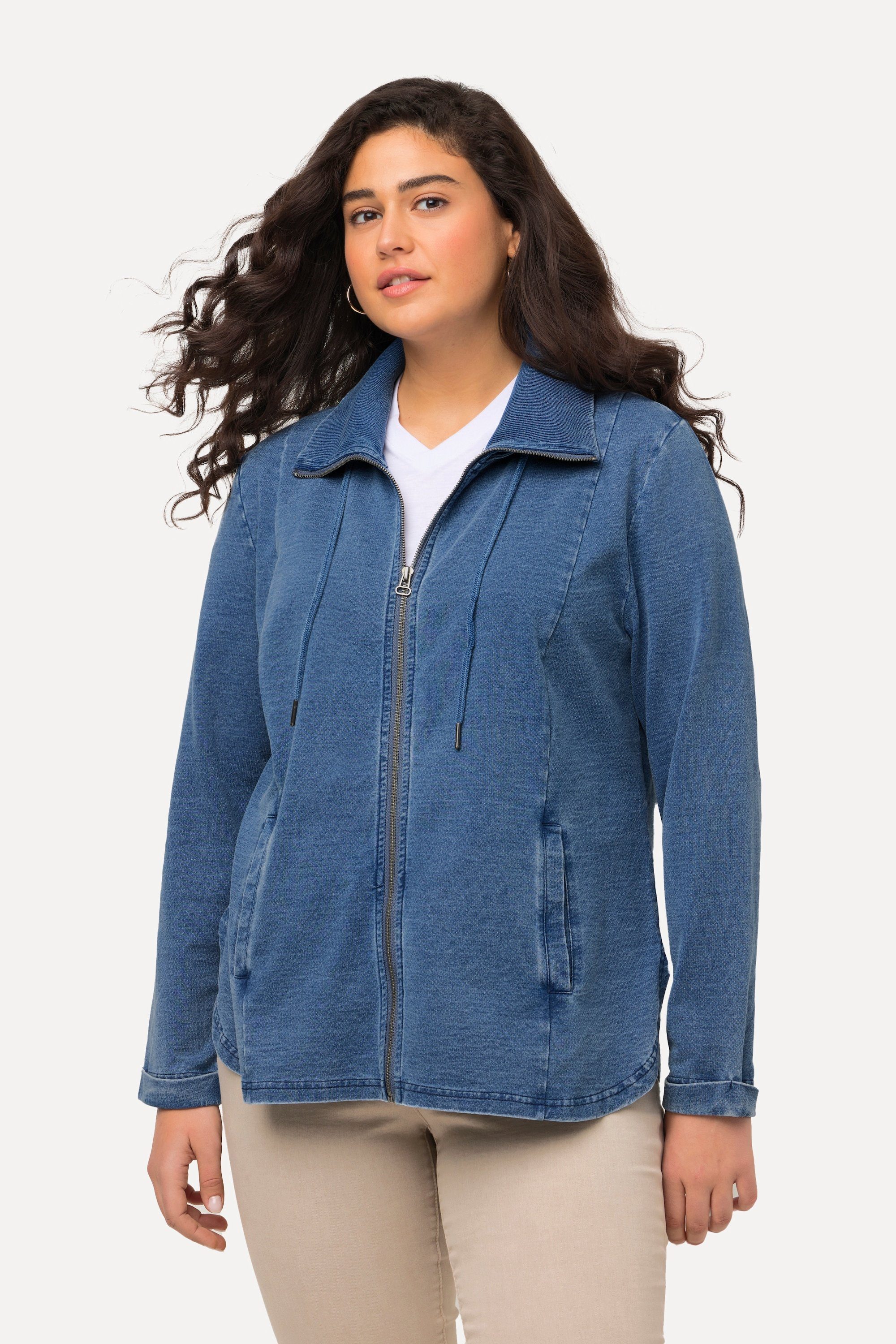 Popken Ulla Indigo-Färbung doppelter Sweatjacke Kragen Sweatjacke