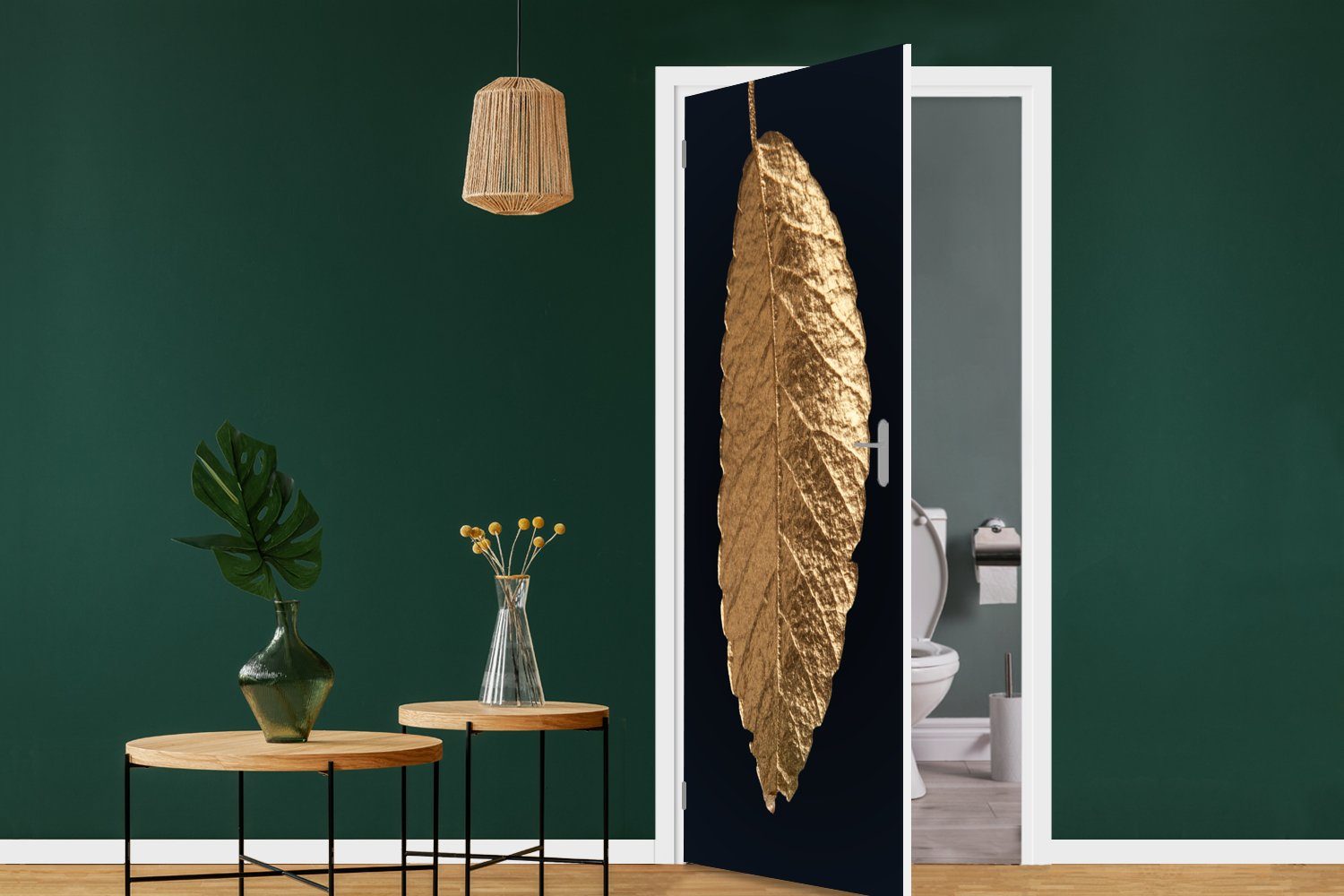 Türaufkleber, Fototapete Tür, Türtapete Luxus - (1 St), MuchoWow bedruckt, Gold - Natur, cm - Blätter Matt, - für Schwarz 75x205