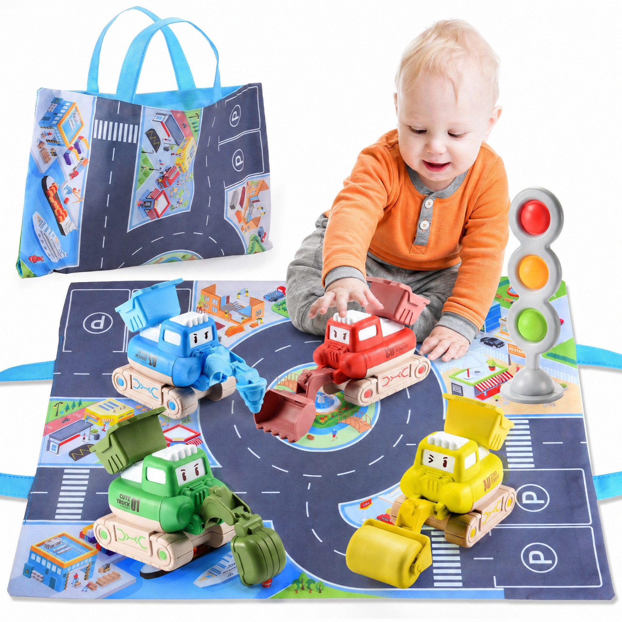 Wootoy Spielzeug-Auto Spielzeug-Baumaschine 3-in-1 Baustellen-Spielset Lernspielzeug, (mit Spielmatte 4 Baufahrzeugen und großer Aufbewahrungstasche, 4-tlg., Rückziehfahrzeuge ohne Batterien), Baustellen- und Stadtkarte für kreatives Lernen und Rollenspiele
