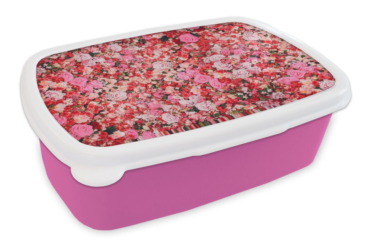 Brotdose Mädchen, - Snackbox, MuchoWow Brotbox rosa Kunststoff, Erwachsene, Rosen, Lunchbox Kinder, Kunststoff für Blumen Farben (2-tlg), -