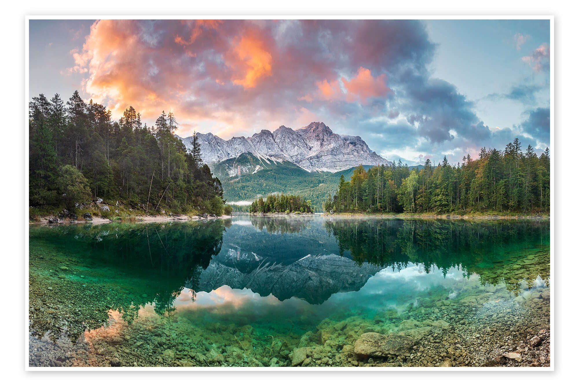 Posterlounge Wandbild Sonnenaufgang am Eibsee mit Zugspitze, Dieter Meyrl, erhältlich als Poster, Leinwandbild, Wandsticker oder Acrylglasbild