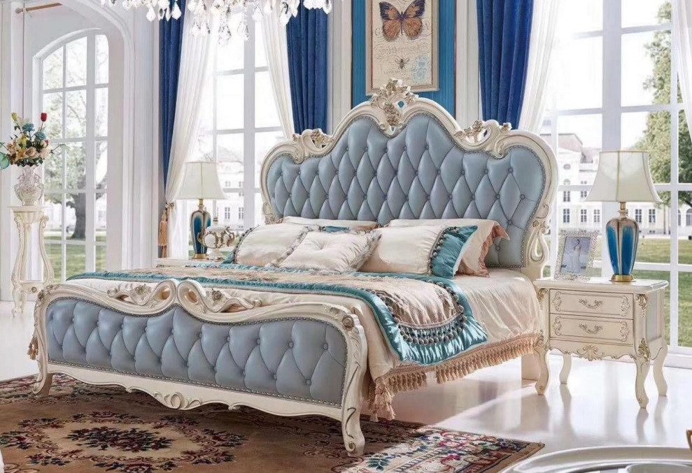 JVmoebel Bettgestell Massivholz Doppelbett Kunstleder Blau 180x200 cm