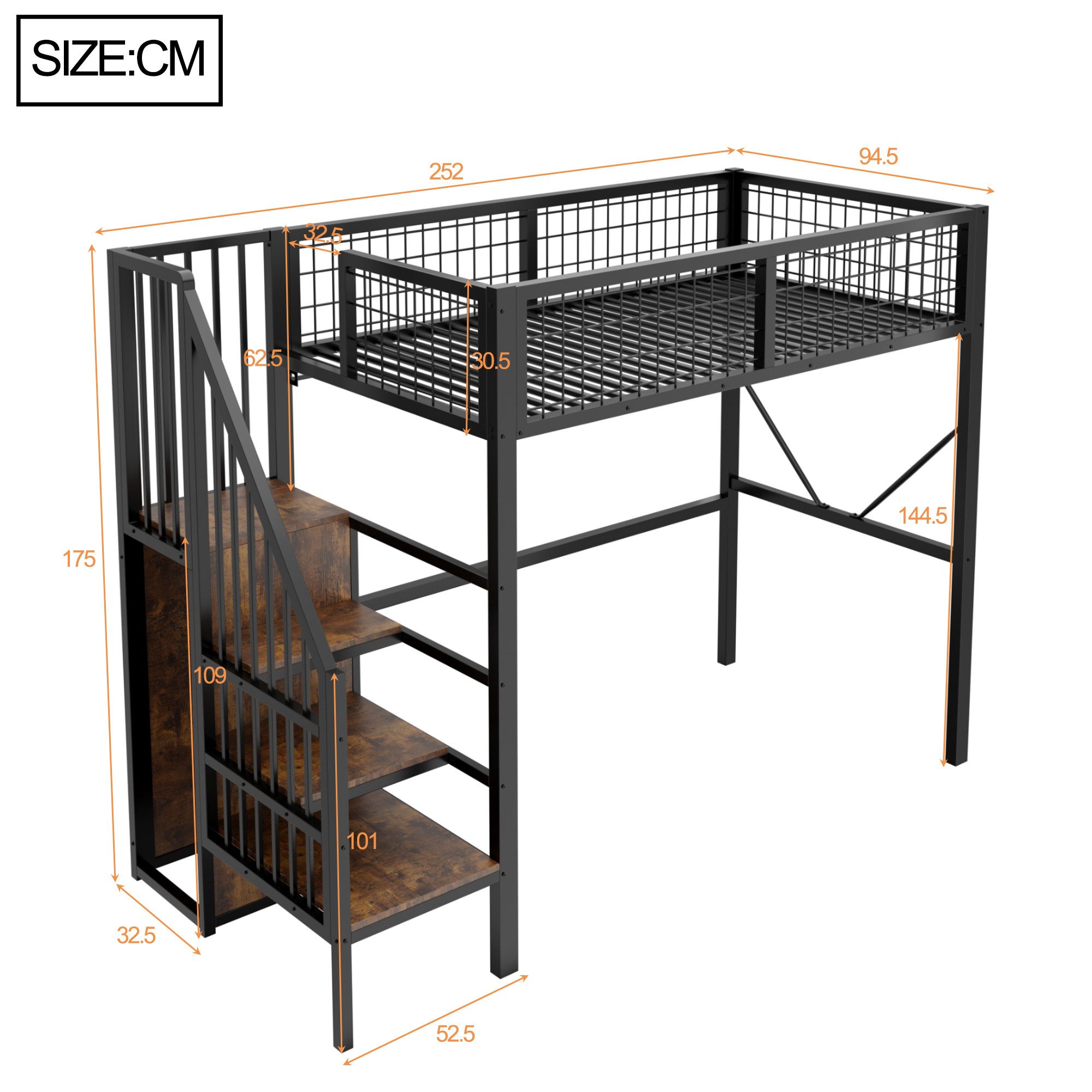 Flieks Hochbett Metallbett 90x200cm mit Stauraumtreppe LED-Leiste Sicherheitsgeländer – Bild 5 von 5
