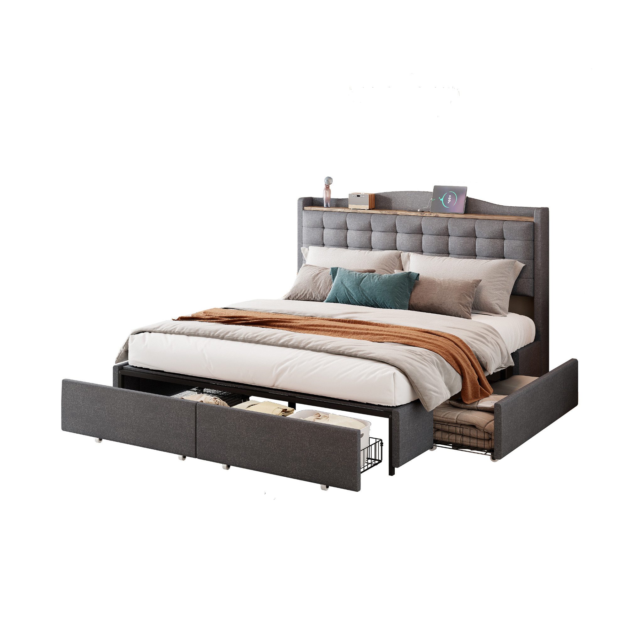 OKWISH Polsterbett Stauraumbett Doppelbett, Nachttisch mit günstig online kaufen