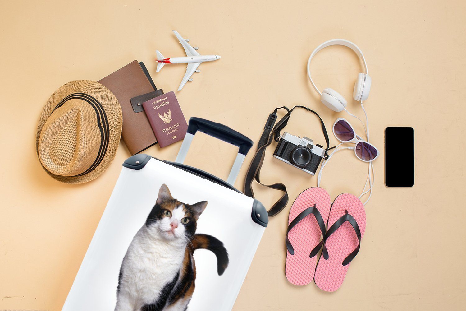 Trolley, Reisetasche Katze weißem mit Hintergrund, Ferien, MuchoWow für Reisekoffer rollen, Rollen, Handgepäck 4 Handgepäckkoffer auf Gefleckte