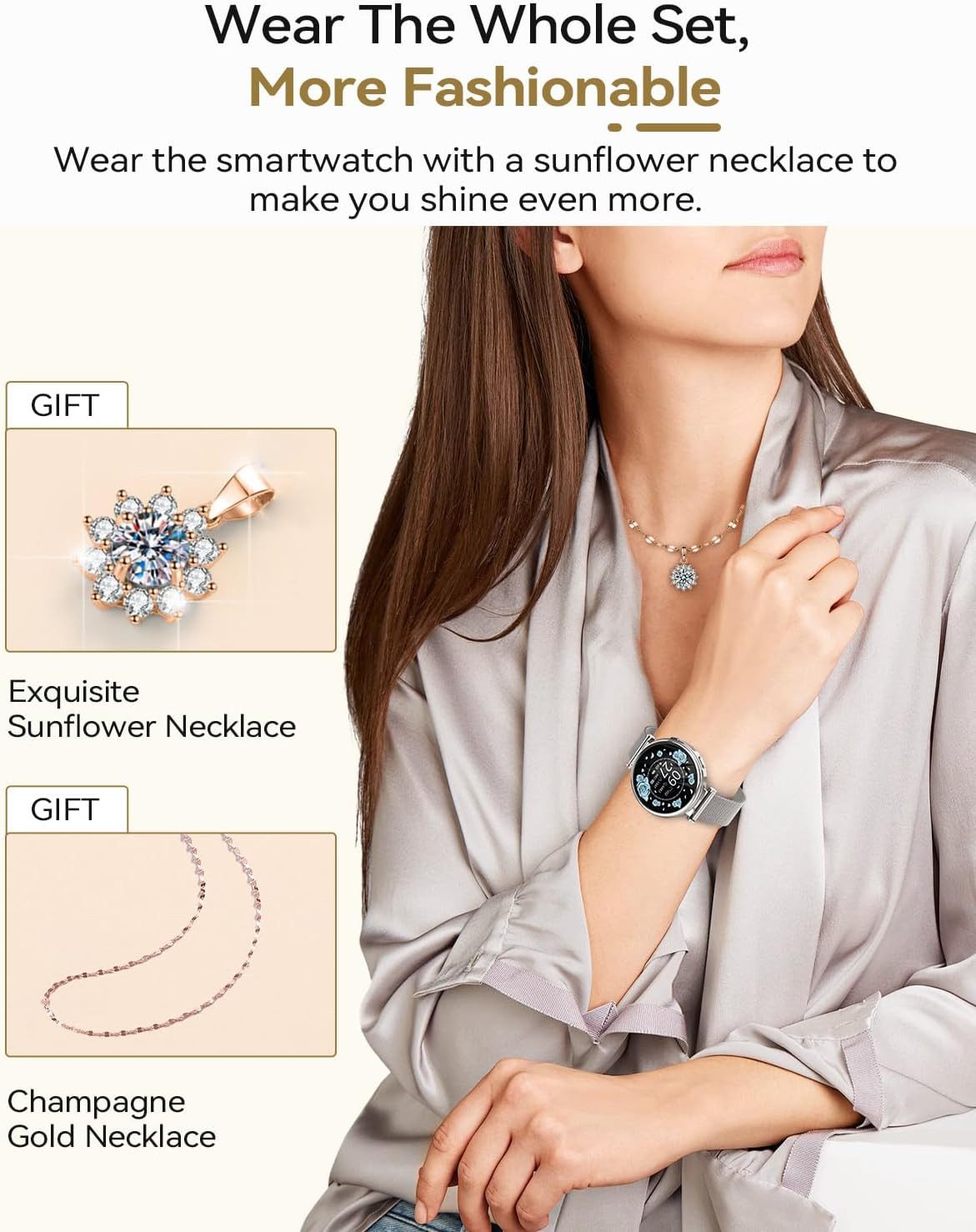 Sanorum Damen Smartwatch 1,47" mit Halskette als Geschenk SpO2, Puls Smartwatch (3,73 cm/1,47 Zoll) Damen Fitness-Tracker mit Pulsmesser und Zyklusfunktion, Smartwatch mit Ladekabel, Anleitung, Geschenkverpackung, Damen Smartwatch mit Telefonfunktion und Zykluserinnerung