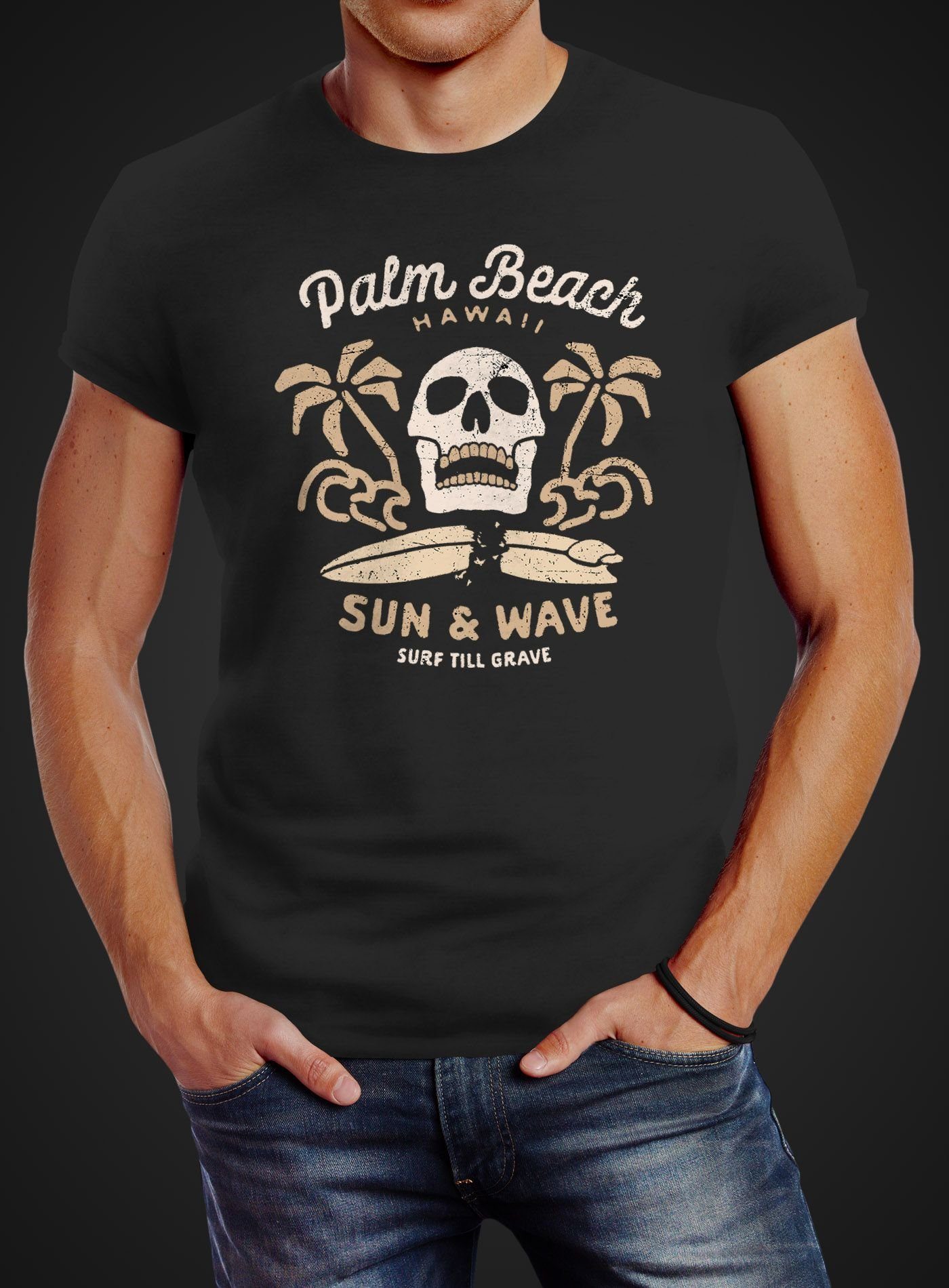 Neverless Print-Shirt Herren T-Shirt Surf-Motiv Totenkopf günstig online kaufen