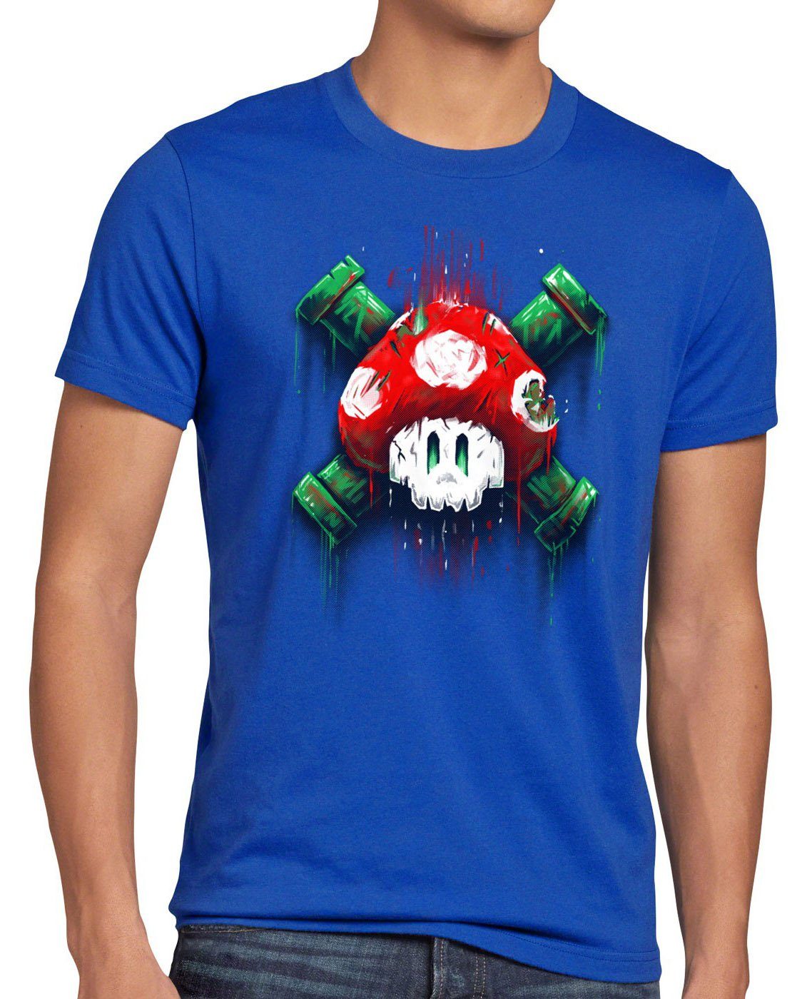 style3 Print-Shirt Herren T-Shirt Mario Totenkopf videospiel super world switch snes n64 nintendo blau