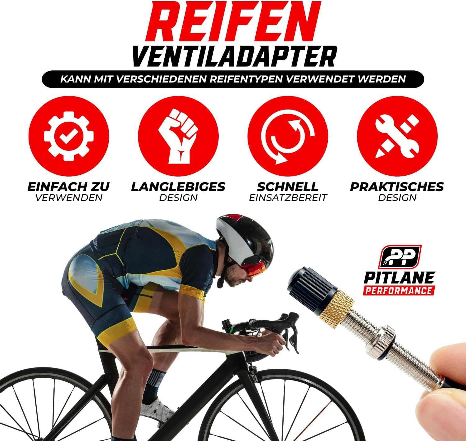 Pitlane Performance Ventilkappe Fahrradventil Adapter Set, (4-St., Fahrradzubehör, Luftpumpe Adapter Set), Adapter Französisches Ventil Dunlop & Presta auf Autoventil (Schrader)