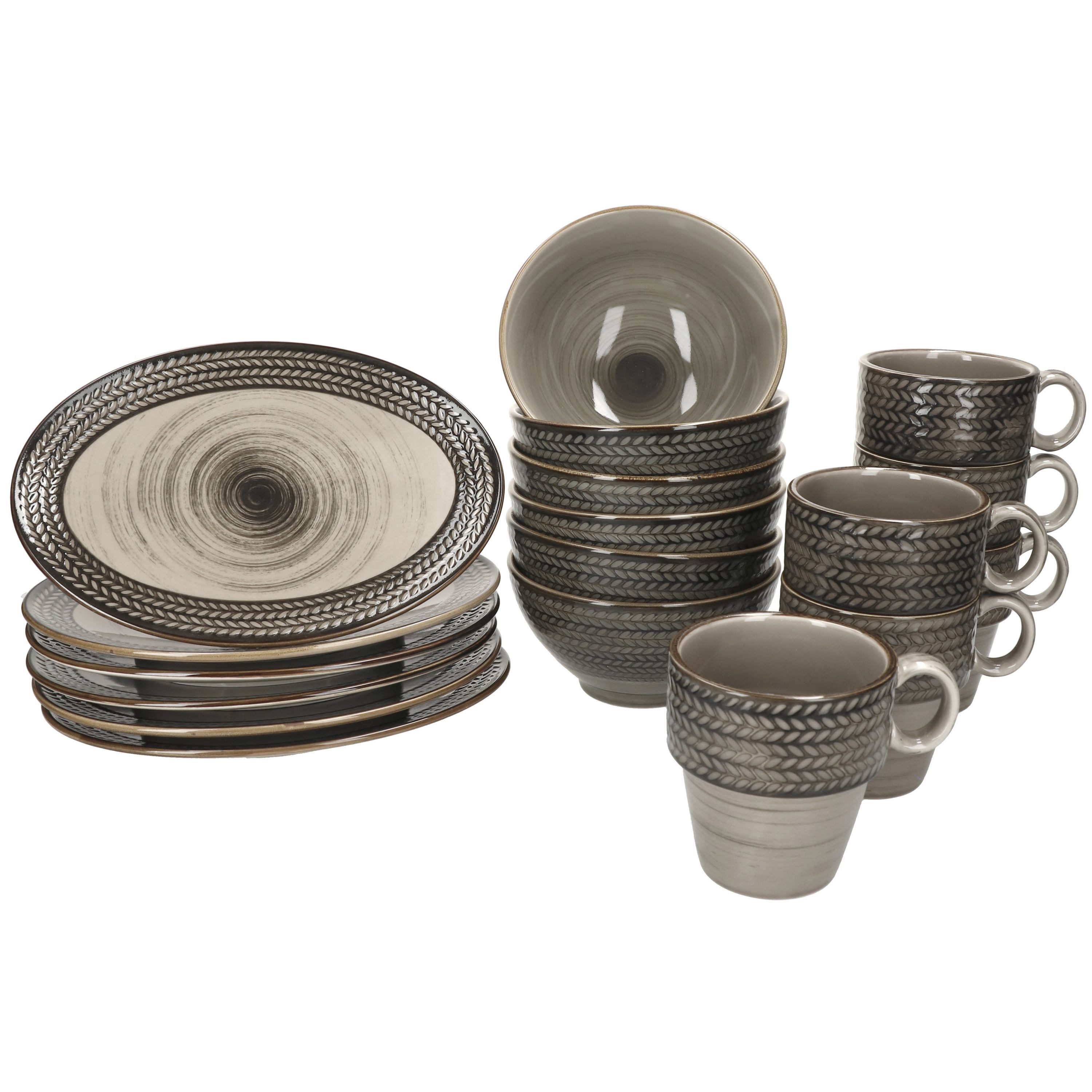 MÄSER Frühstücks-Geschirrset Mäser 18tlg Frühstücksset Prospero braun Relief Platten Schalen Becher, Porzellan
