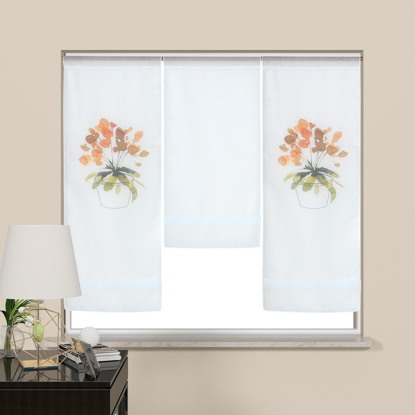 EXPERIENCE Scheibengardine Miniflächen-Set mit Blumendruck, 2 x 80 cm, 1 x 60 cm, Polyester, Stangendurchzug, halbtransparent, Deko