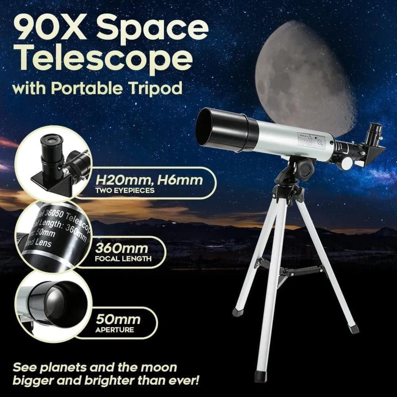 LuxusKollektion Linsenteleskop Astronomical Telescope für Kinder Zoom 360/50 mm 90X HD Monokulares