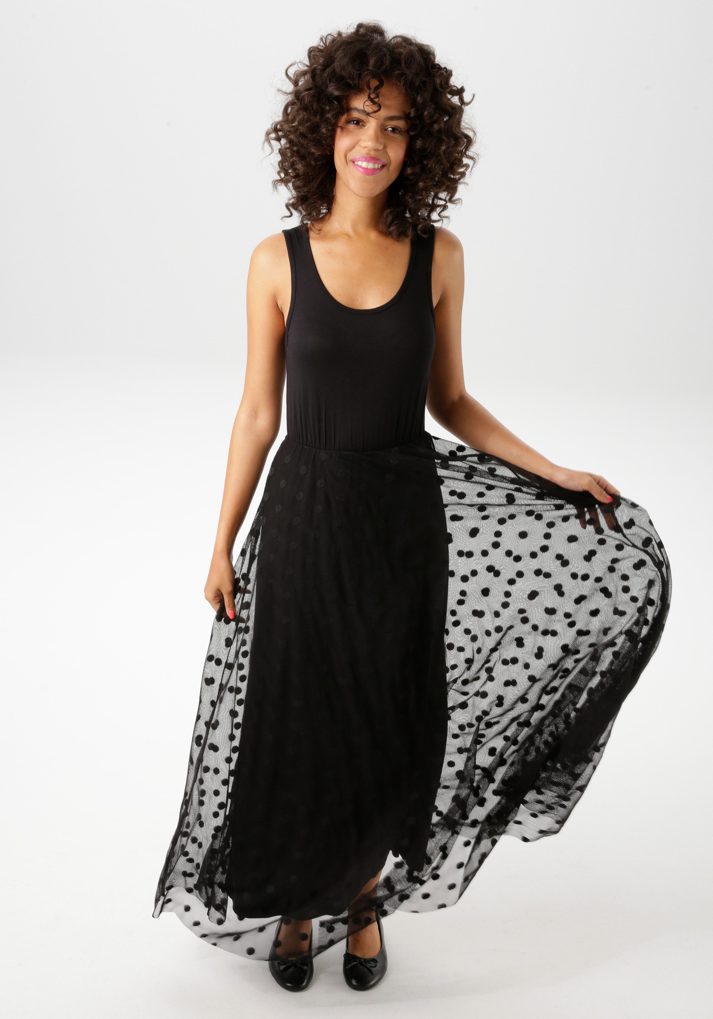 Aniston CASUAL Maxikleid, mit getupften Mesh verziertem Rockteil günstig online kaufen