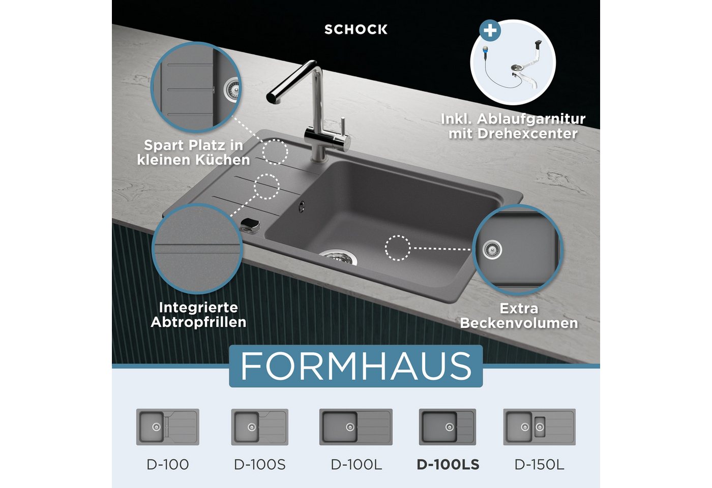 Thumbnail - Schock Granitspüle Formhaus D-100LS, eckig, 78/50 cm, für kleine Küchen