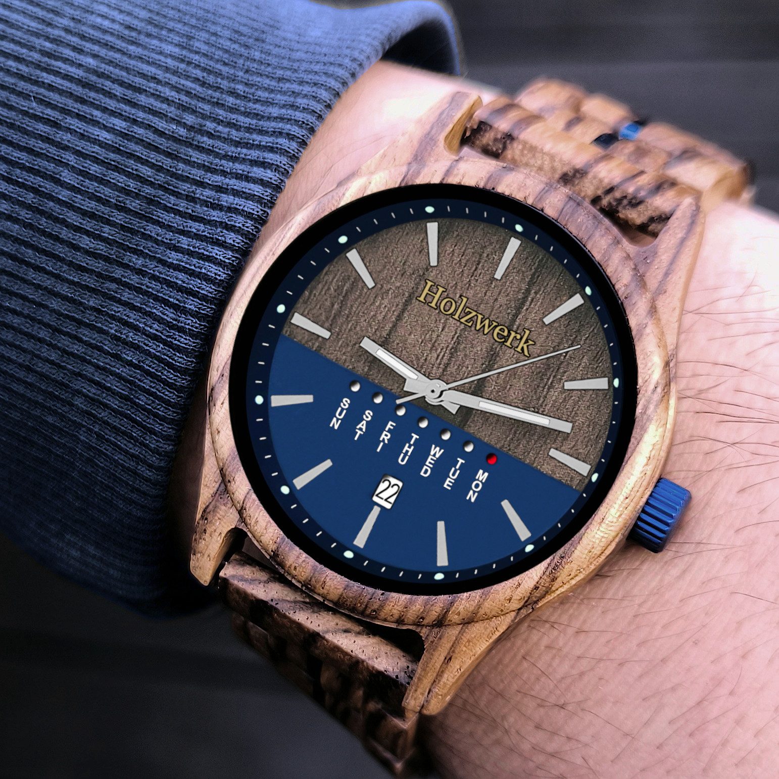 Holzwerk Quarzuhr KIEL Designer Holz Armbanduhr mit Datumsanzeige in Walnuss braun, blau KIEL
