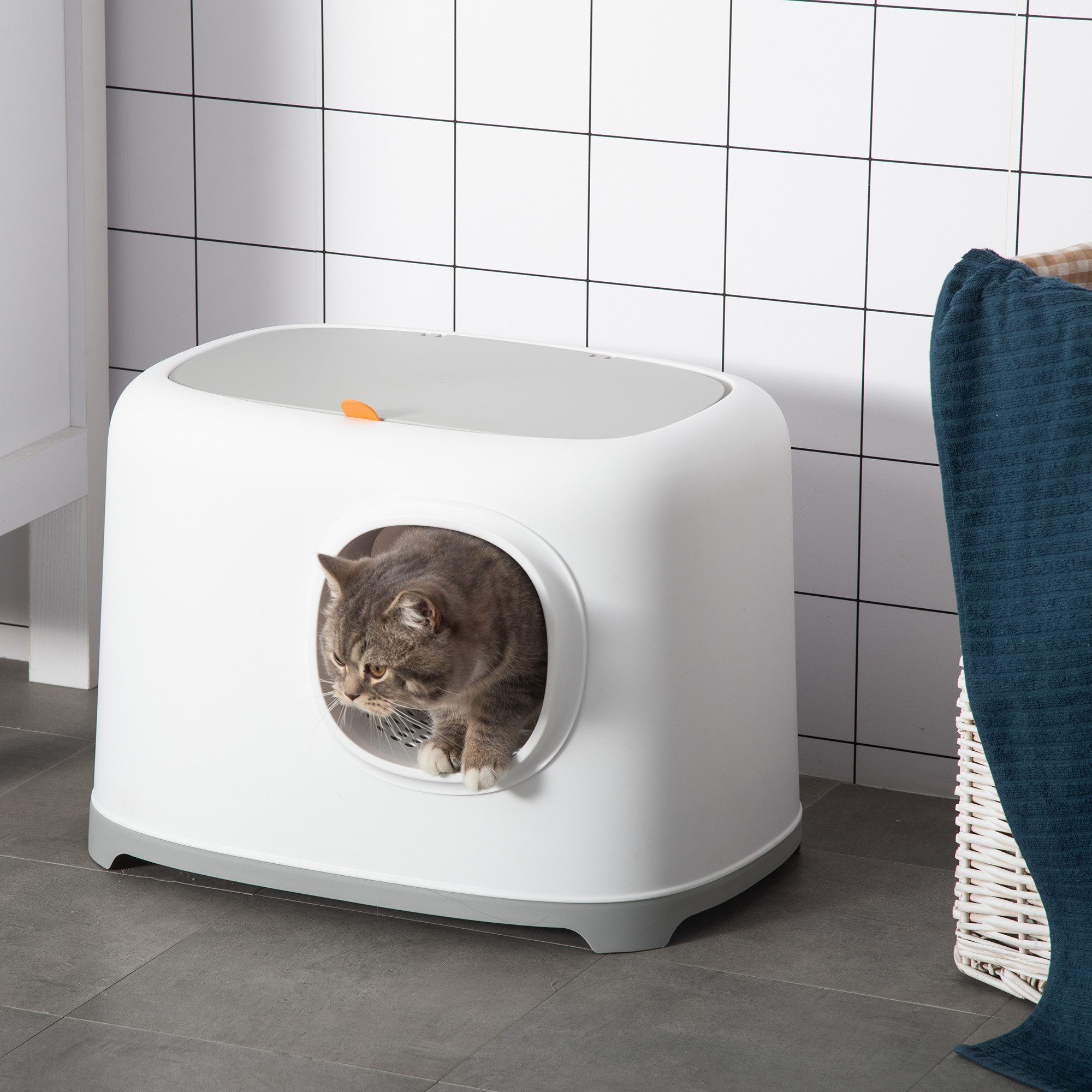 PawHut Katzentoilette Katzenklo mit Deckel Schaufel Gitterboden XXL für Katzen bis 5 kg, Weiß+Hellgrau,55L x 40B x 39H cm