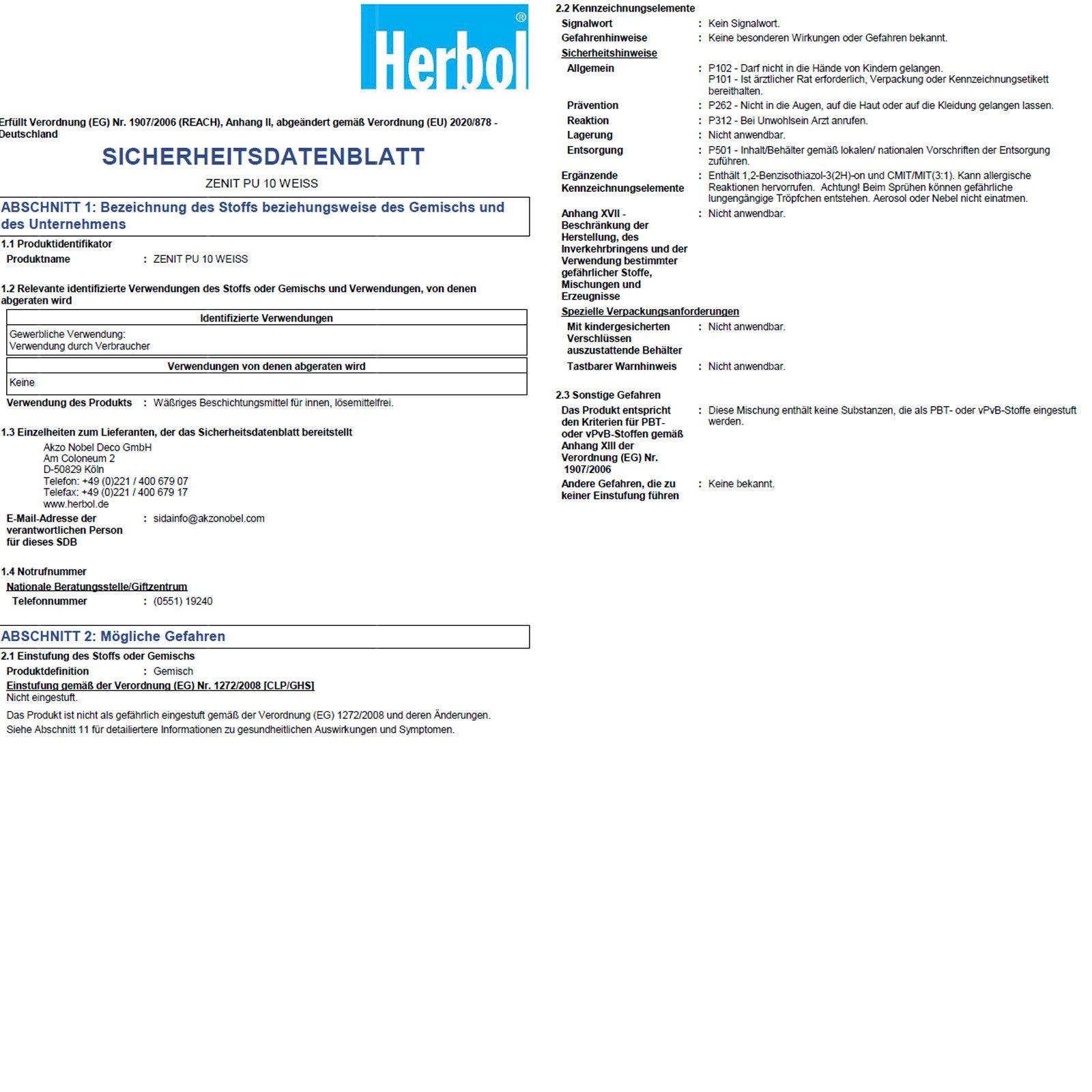 Herbol Wandfarbe Zenit PU 10 - 5 Ltr (Weiss)