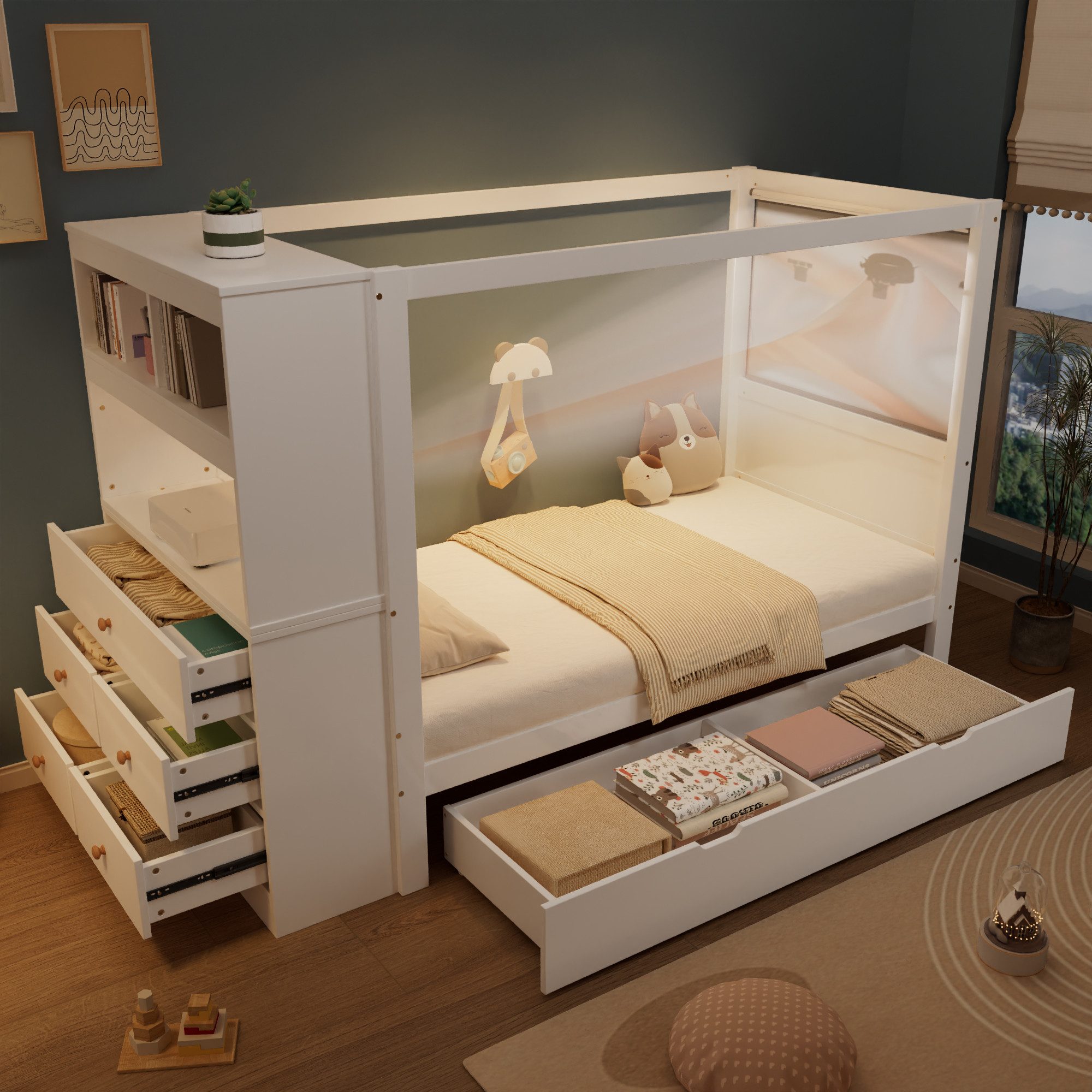 Merax Kinderbett 90x200cm mit Gitter und Lagerschrank (1-tlg., Einzelbett), Massivholz Jugendbett Hausbett mit 5 Schubladen & Unterbett-Schublade