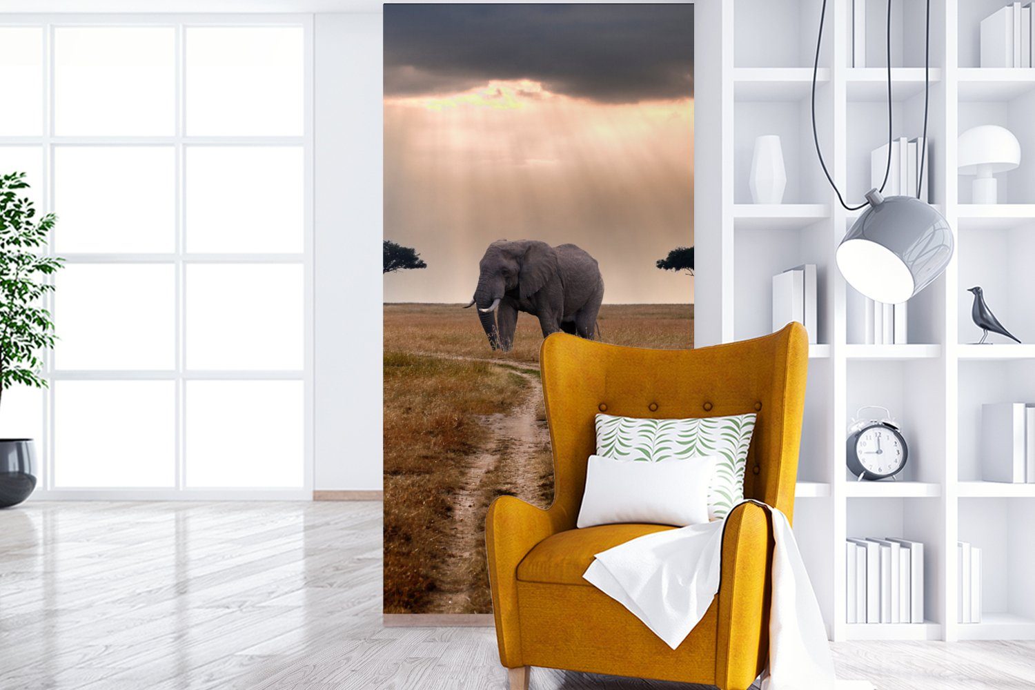 Matt, Fototapete für Tiere Elefant - St), bedruckt, Schlafzimmer MuchoWow (2 Küche, Wohnzimmer Fototapete Wiese - - Sonne, Vliestapete
