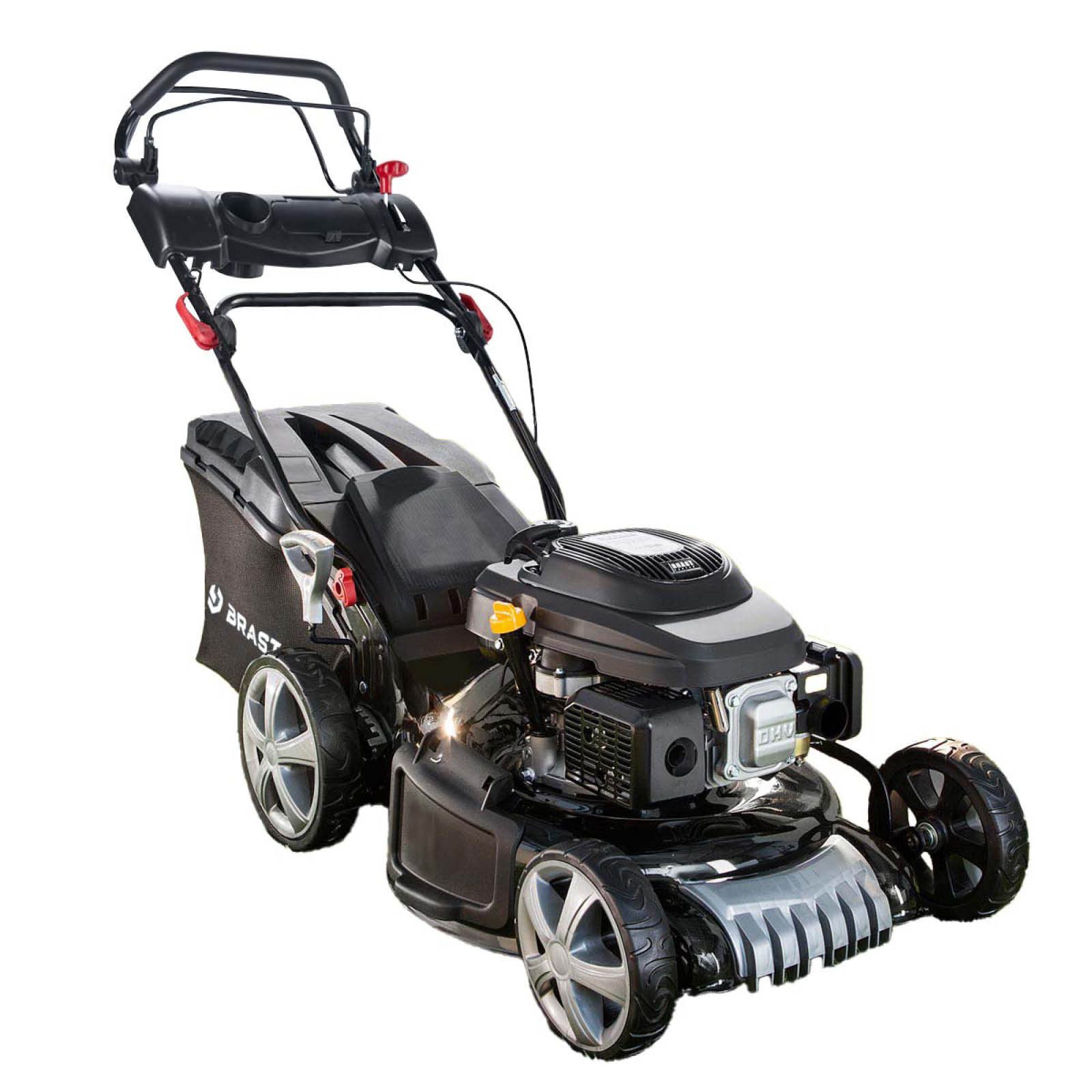 BRAST Benzinrasenmäher mit Antrieb 5,2kW(7PS) 4 Takt OHV Motor TÜV geprüft, 46 cm Schnittbreite, 30-80mm Schnitthöhe, 60L Fangkorb, Stahlgehäuse, 18224