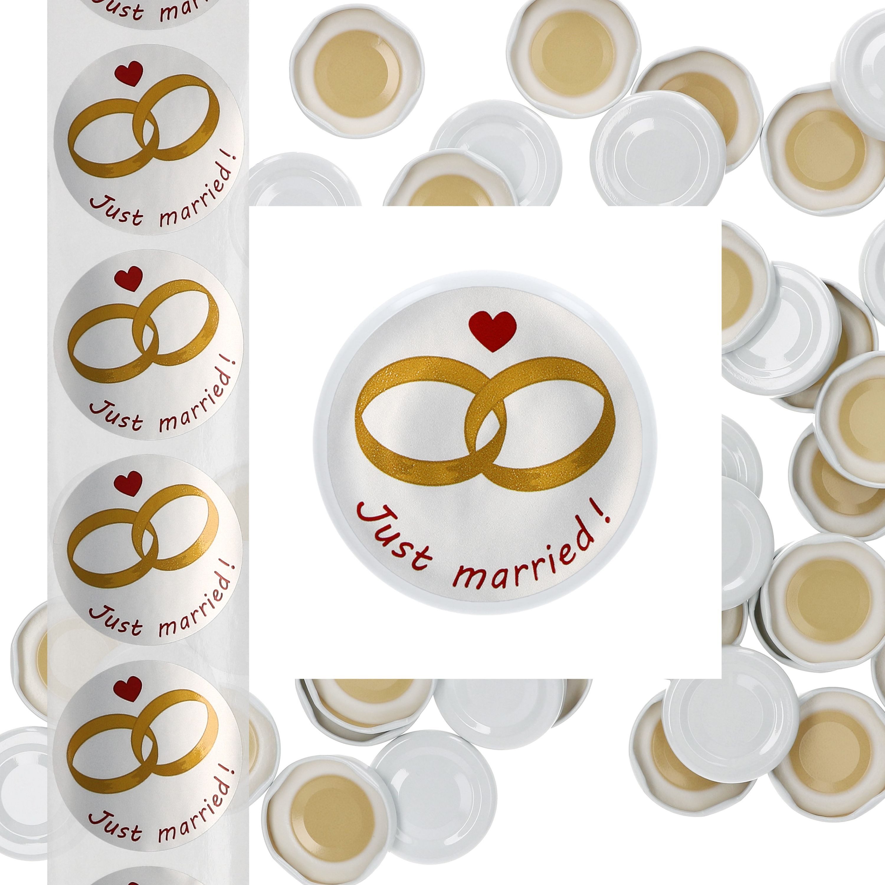 MamboCat Einmachglas 50er Deckelset TO43 weiß Hochzeits-Etiketten Just Married Geschenk, Metall