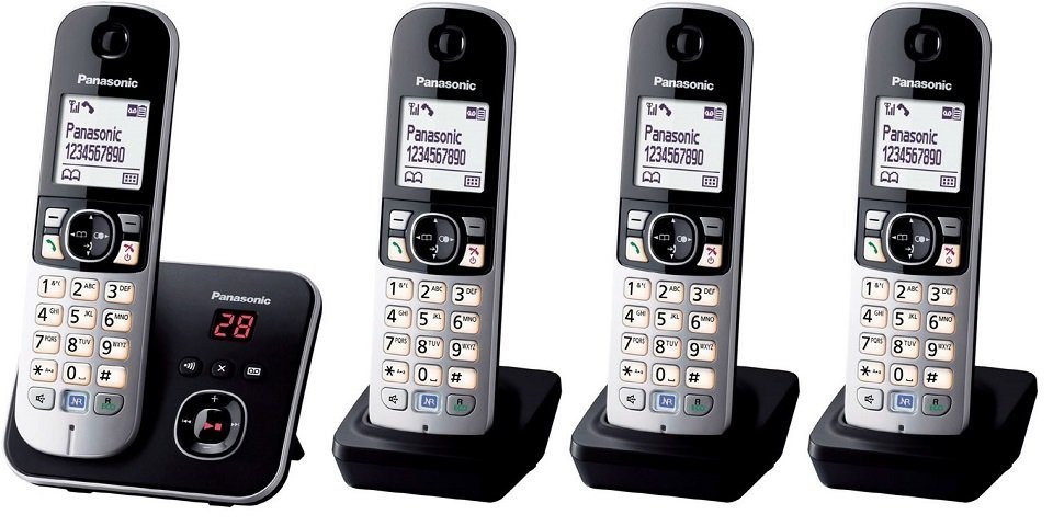 Panasonic KX-TG6824GB Schnurloses DECT-Telefon (Mobilteile: 4, Nachtmodis,  Freisprechen, Anrufbeantworter), 30 polyphone Klingelmelodien + 10  Klingentöne