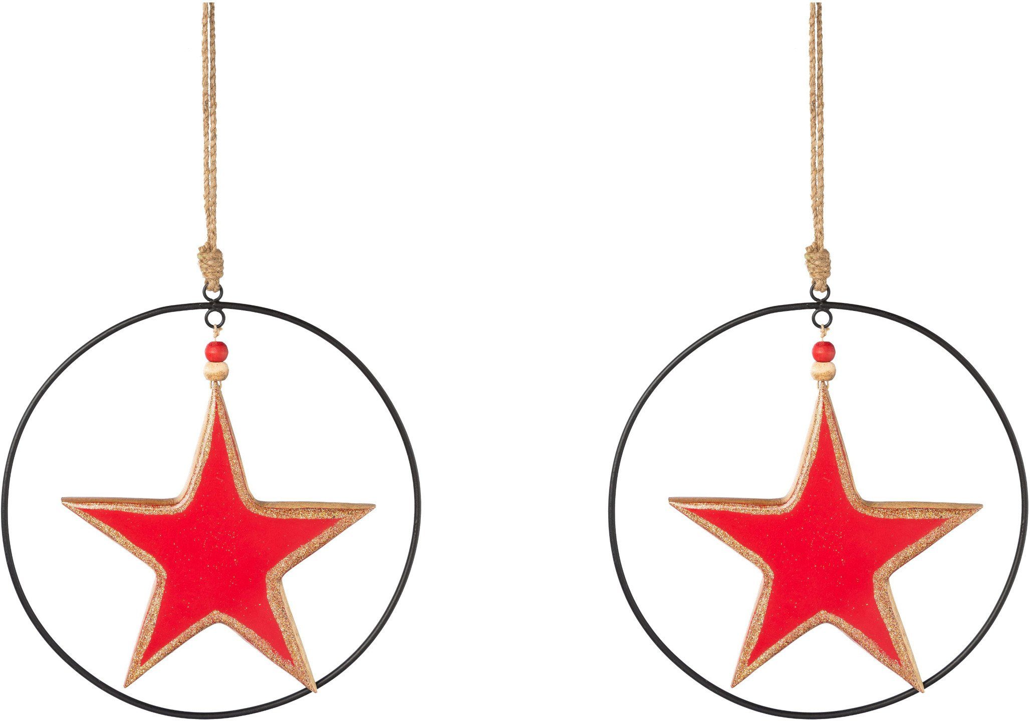 Creativ deco Dekostern Weihnachtsstern, Weihnachtsdeko rot, 2 St., mit Enamel-Lackierung und Metallring, Durchmesser Stern 20 cm