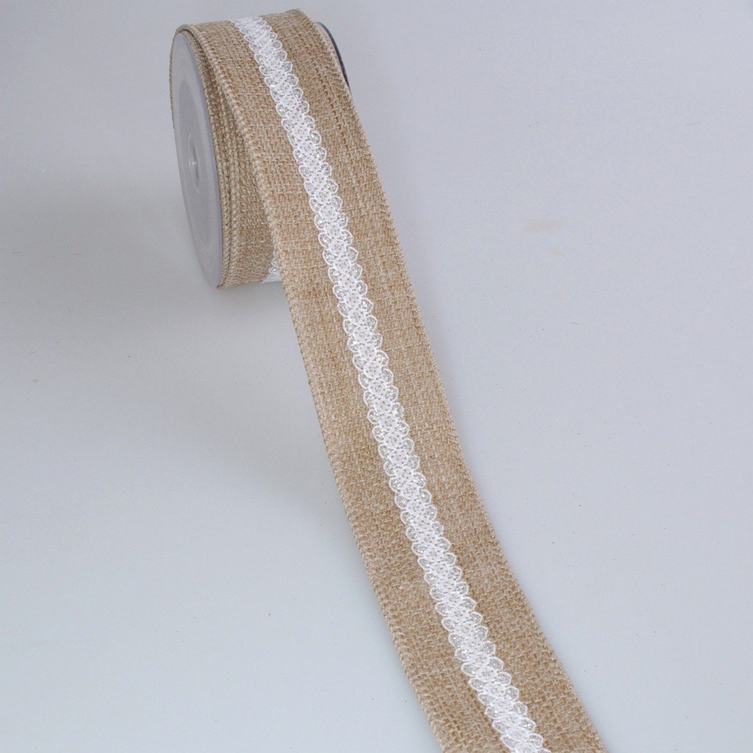 Deko AS Dekoband Leinenstrukturband mit Spitze - col. 52 natur-weiß-gold - 50mm - 10m, robust