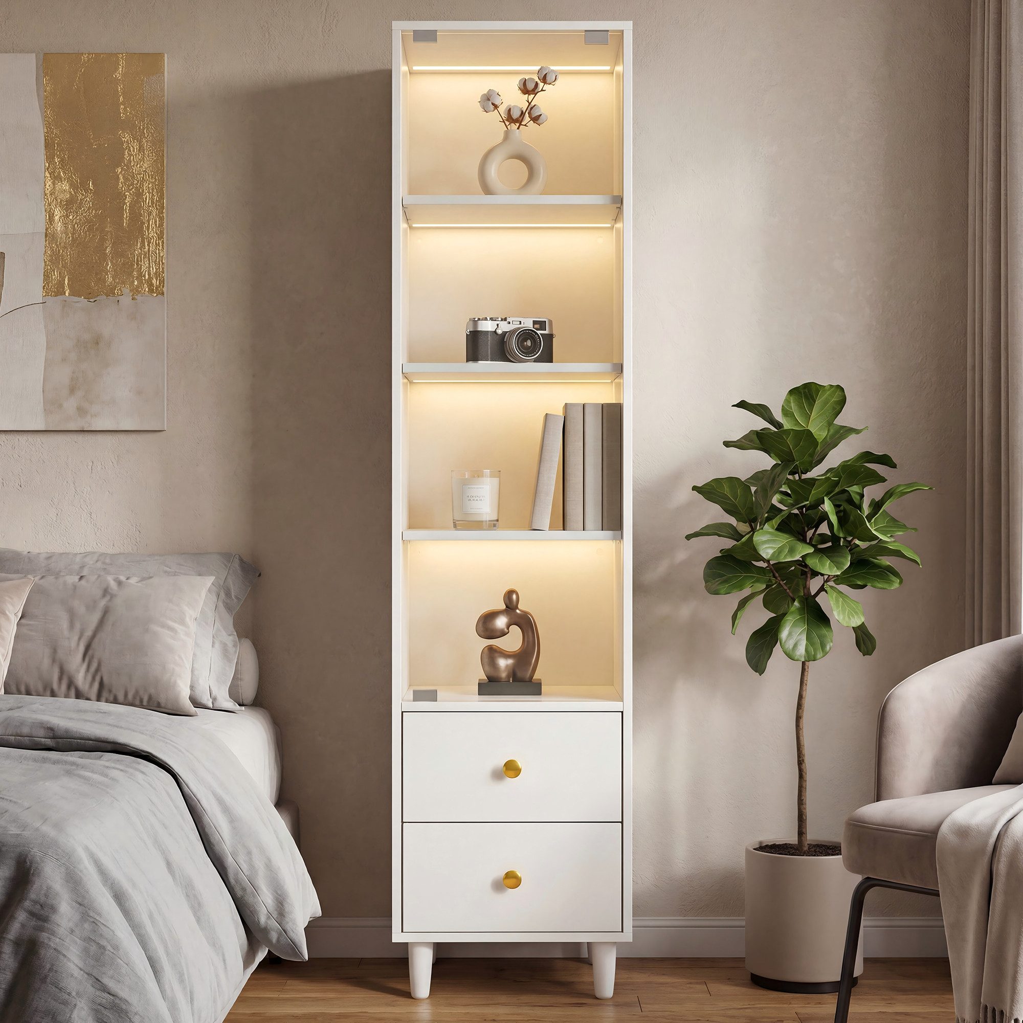 STILVORA Vitrine Aufbewahrungsschrank Bücherregal mit Glastüren und 2 Schubladen (LED-Beleuchtung, Glastür, goldene Griffe, H165×B40×T35cm, 4 Ebenen, Holzoptik, stabile Metallbeine) für Wohnzimmer, Esszimmer, Büro, Sammlerzimmer