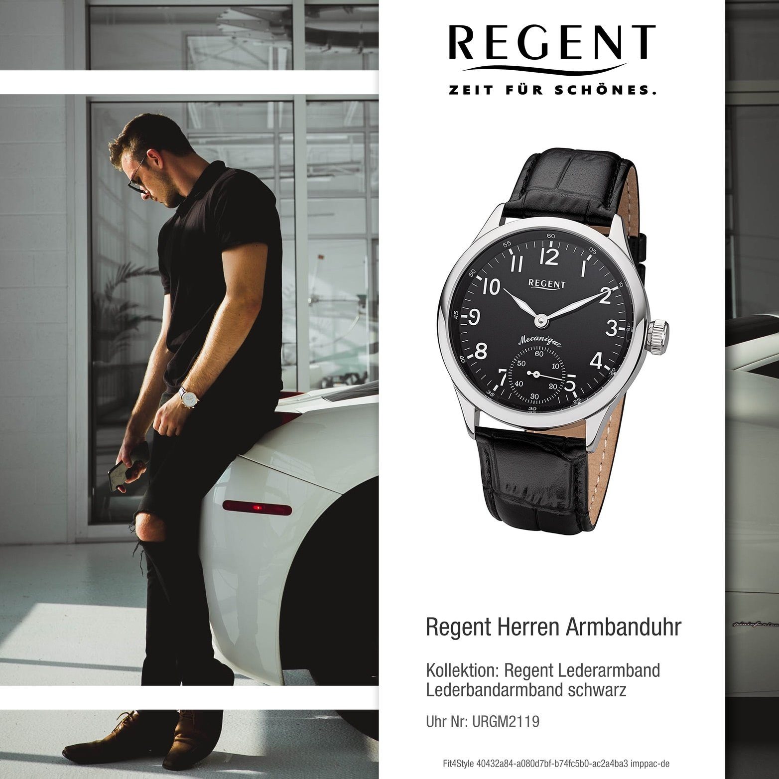 groß Lederbandarmband Regent rundes Herrenuhr schwarz, Armbanduhr Gehäuse, Quarzuhr Herren (ca. Analog, 42,5mm) Regent