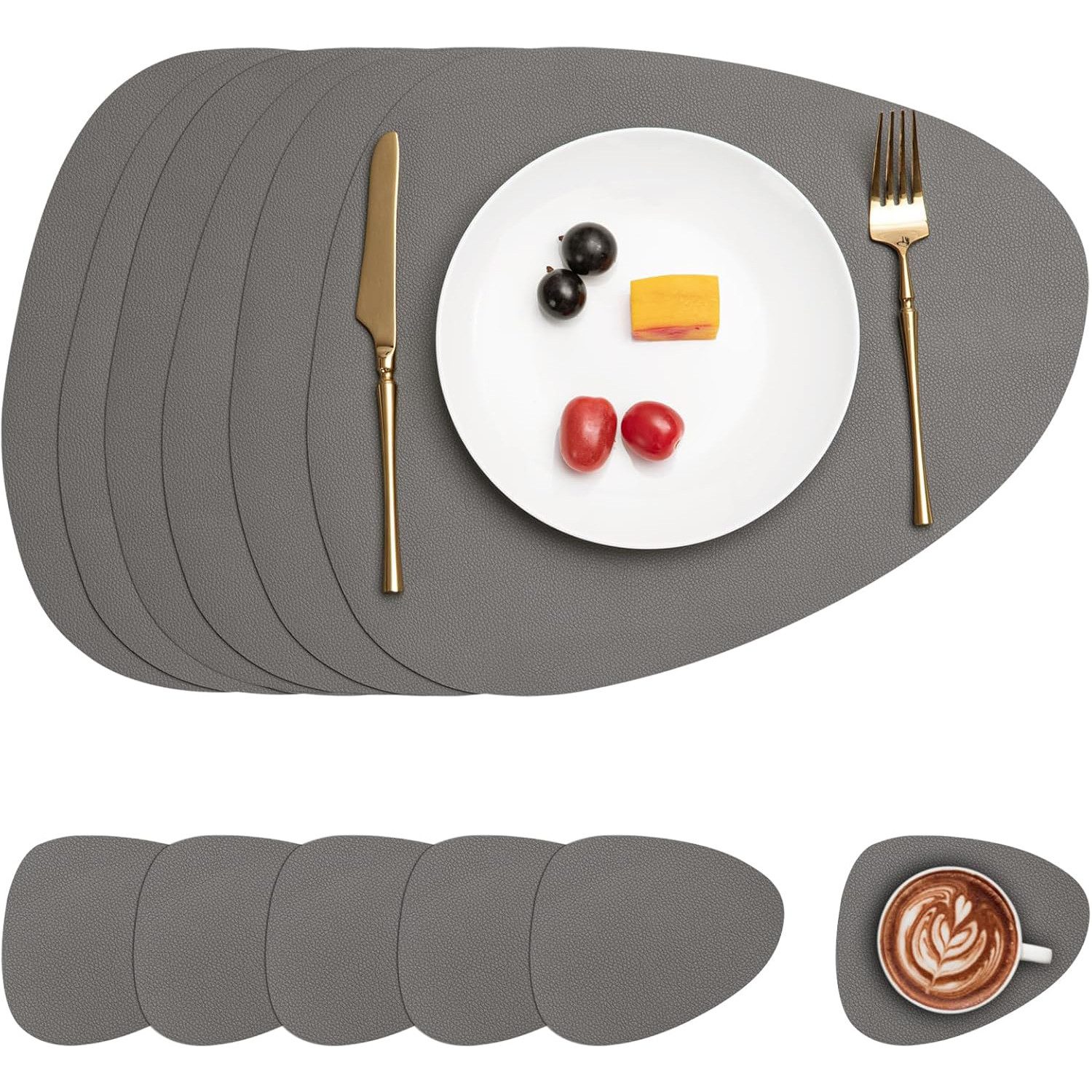 Platzset 12-St Platzset und Untersetzer Tischmatte Kunstleder Dunkelgrau