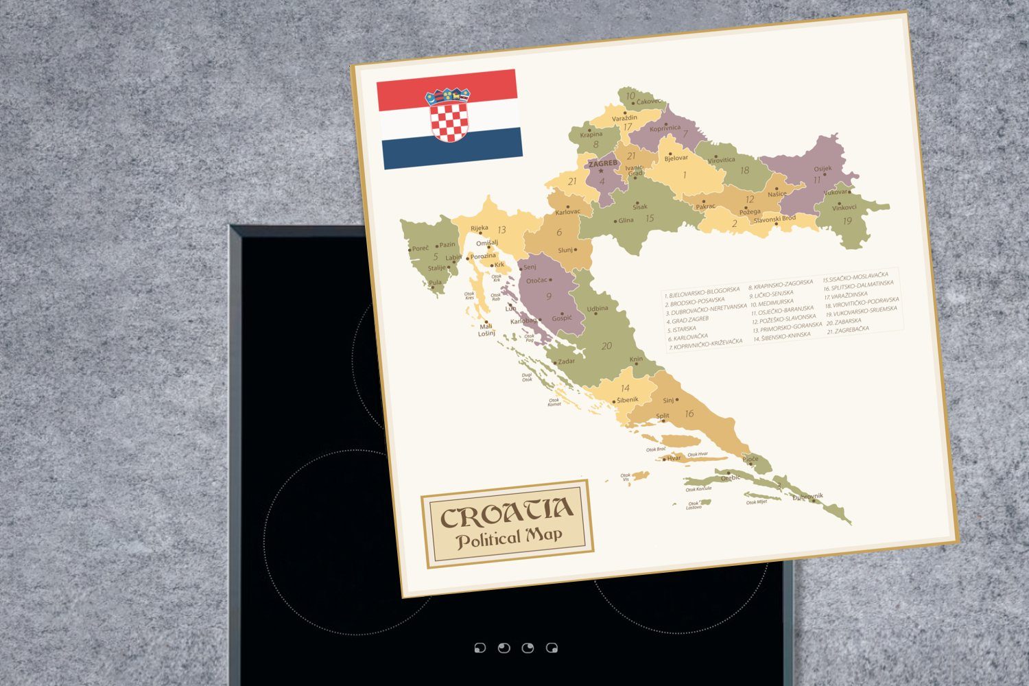 Politische Kroatien, 78x78 Vinyl, tlg), (1 Arbeitsplatte von küche cm, Ceranfeldabdeckung, Karte für Herdblende-/Abdeckplatte MuchoWow