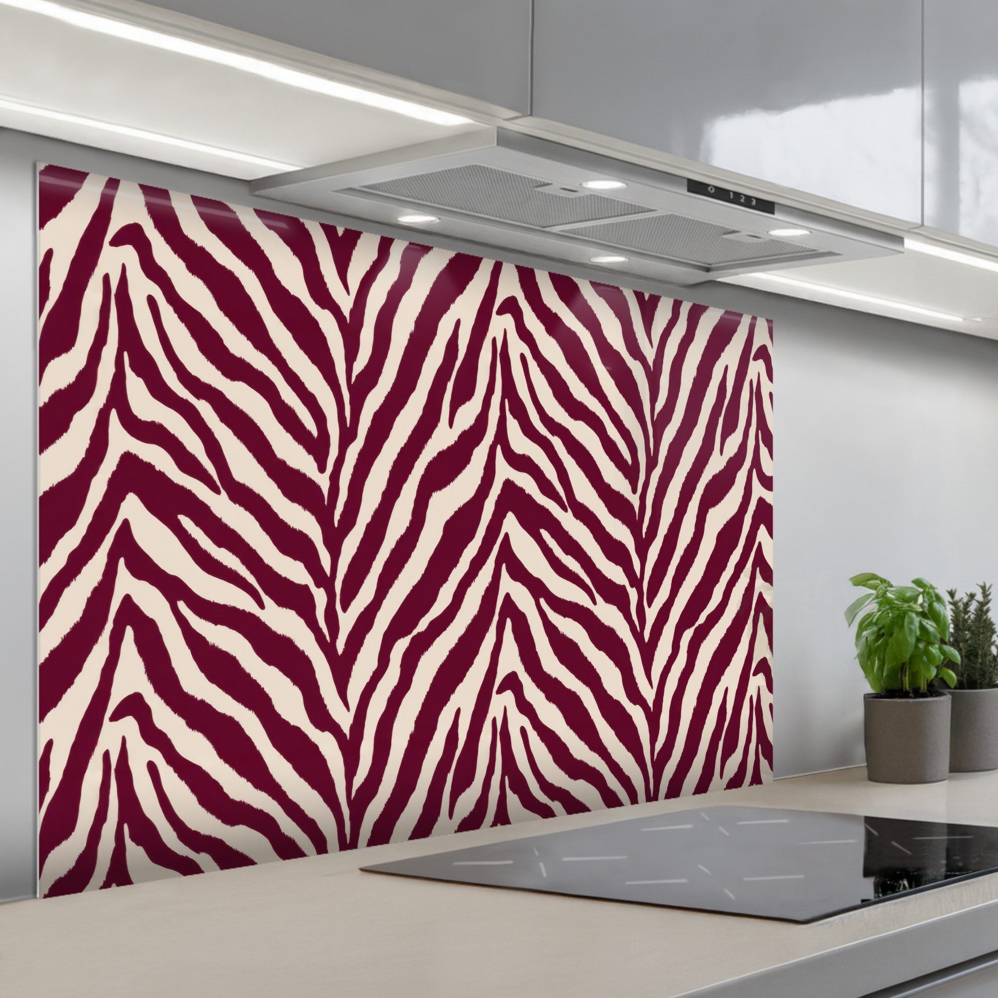 KitchenYeah Küchenrückwand selbstklebend (keine Folie) Zebra - Motiv - Bordeaux - Rot, (1-tlg), Spritzschutz Küchenrückwand, Wandschutz, 120x80 cm